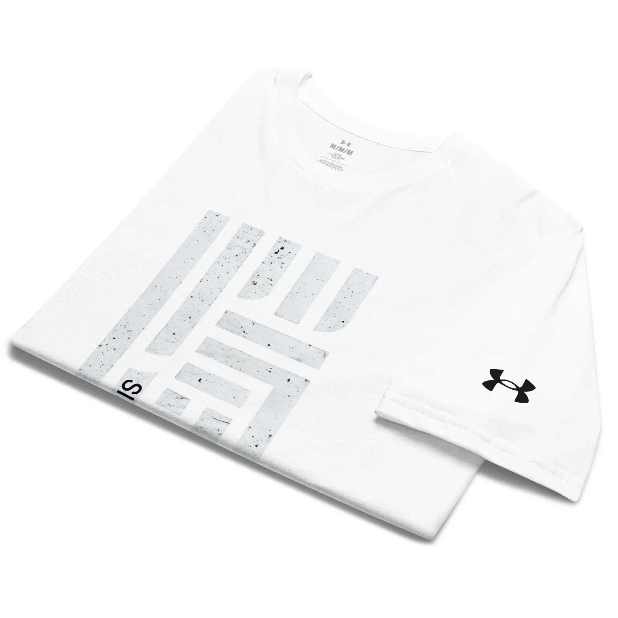 Under Armour athletic t-shirt, white with grey striped front graphic and visible UA logo