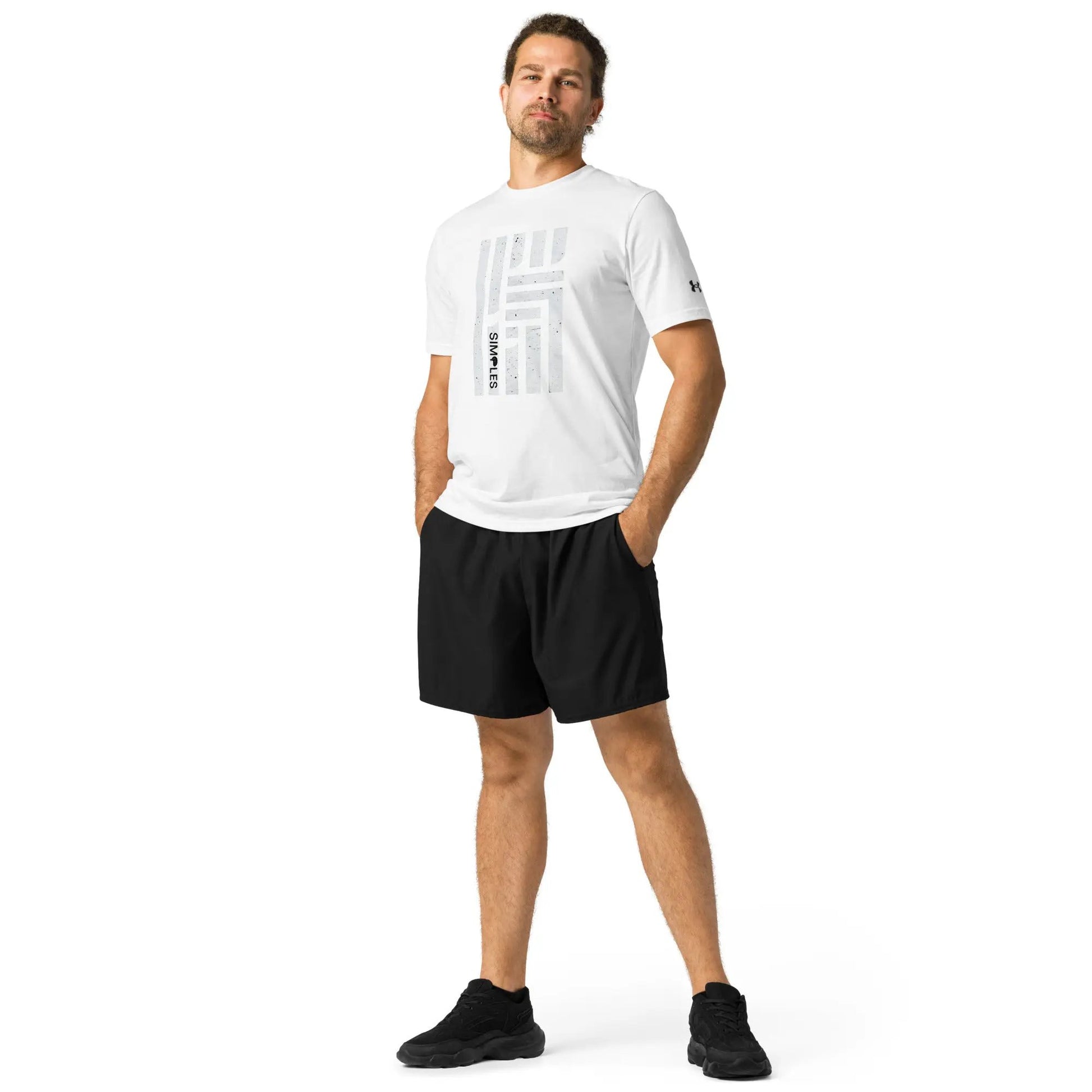 Under Armour athletic t-shirt, white crew-neck with grey geometric front graphic and UA logo on sleeve, shown on model