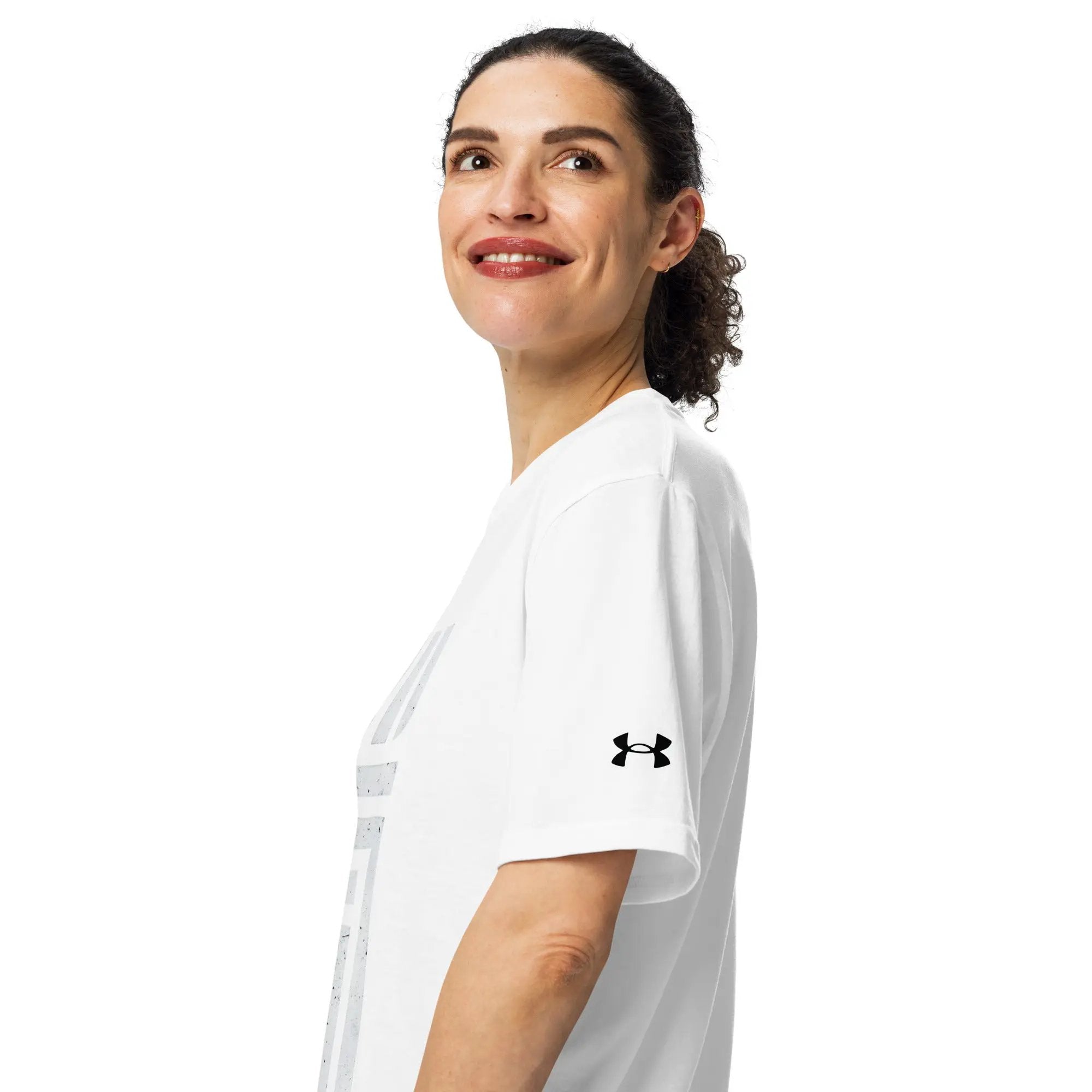 Under Armour athletic t-shirt in white with UA logo on sleeve