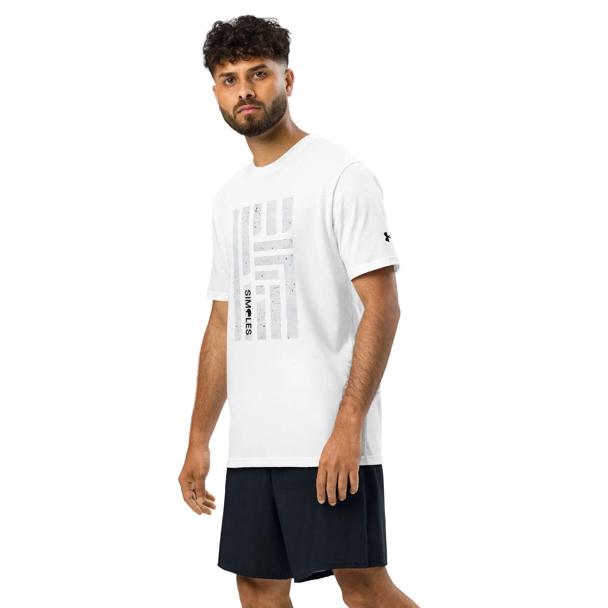 Under Armour athletic t-shirt, white with a distressed vertical graphic on the front and UA logo on the sleeve