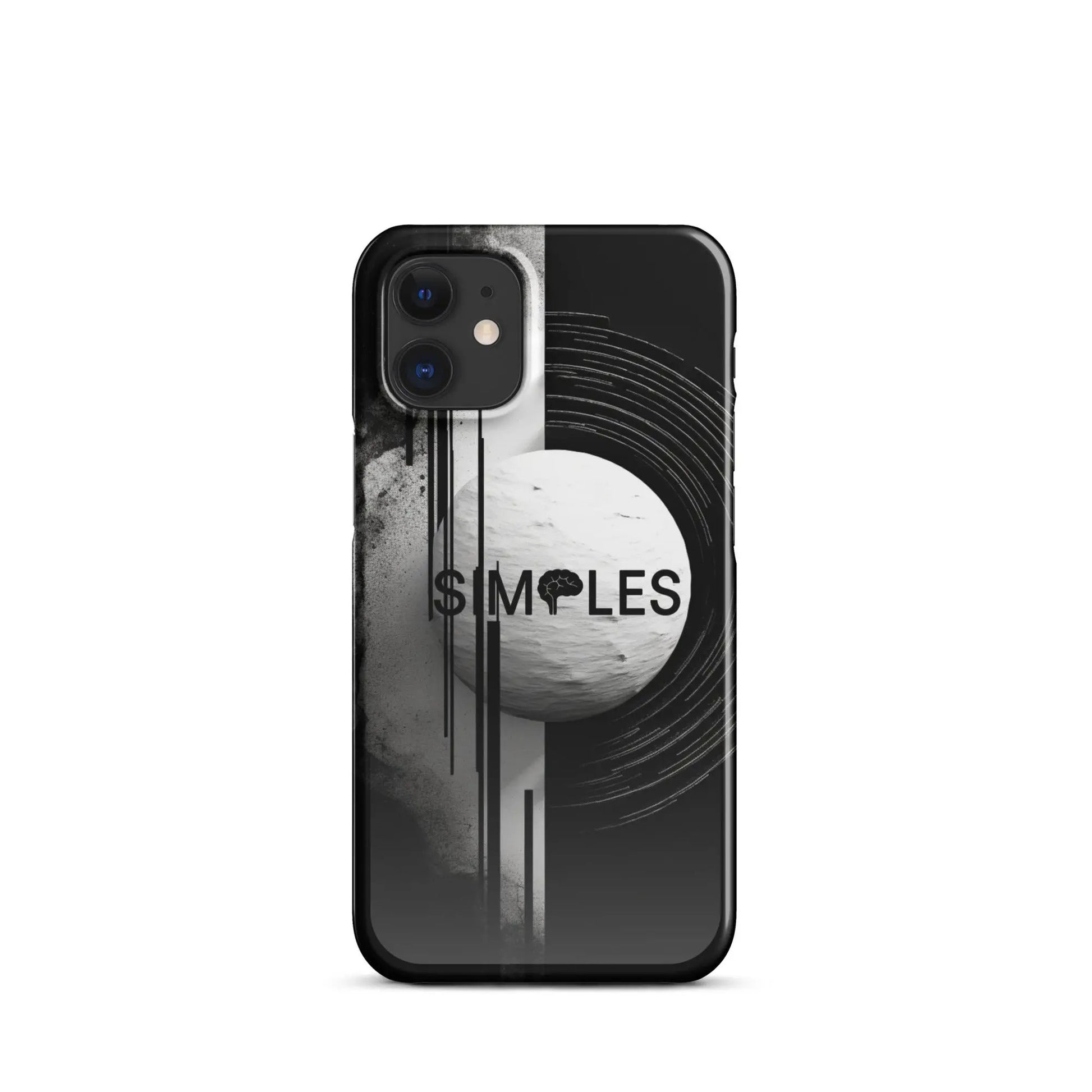 Snap case for iPhone Simples Market; black plastic shell with abstract white moon graphic and vertical stripe pattern.