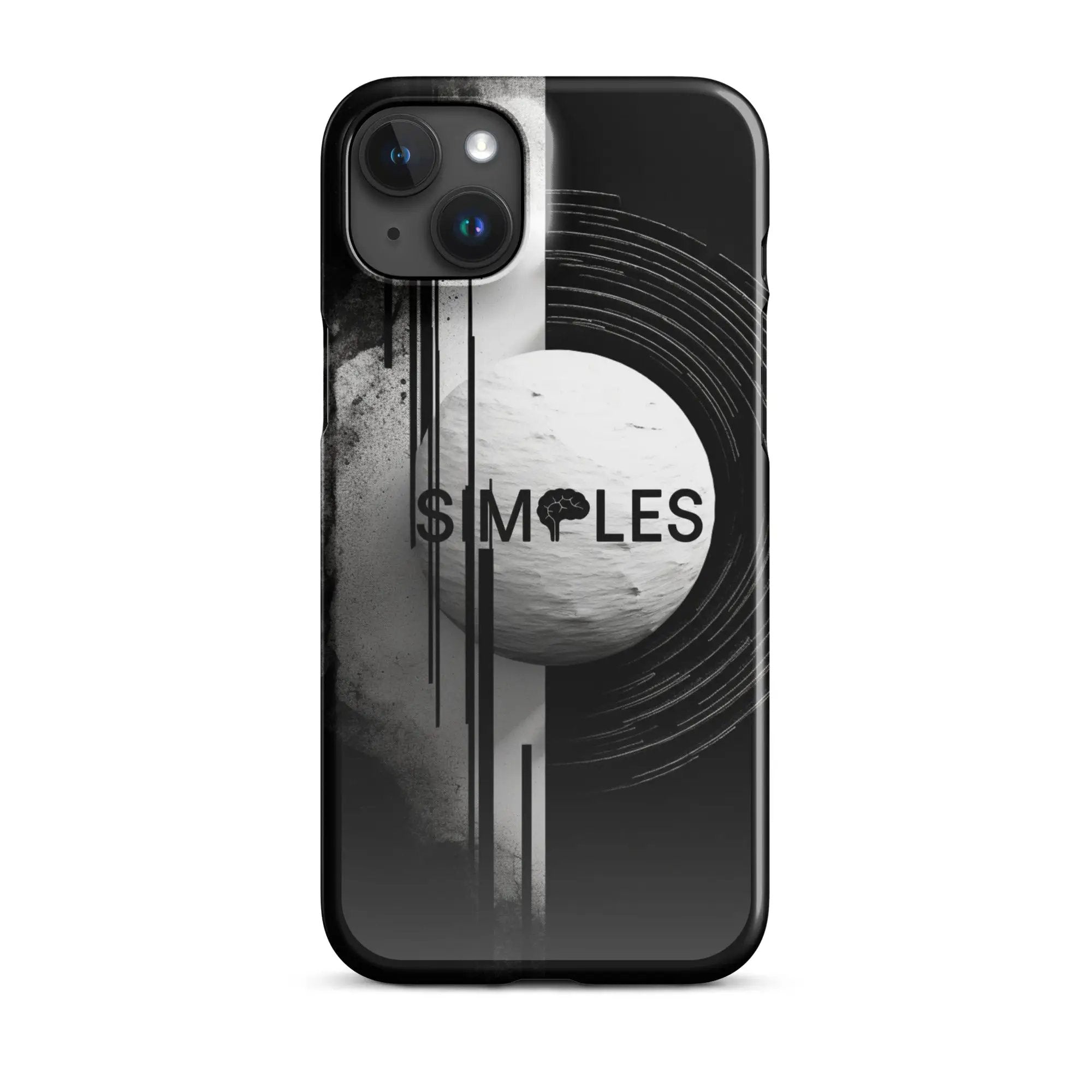 Simples Market snap case for iPhone in black with abstract grayscale design and visible Simples Market logo.