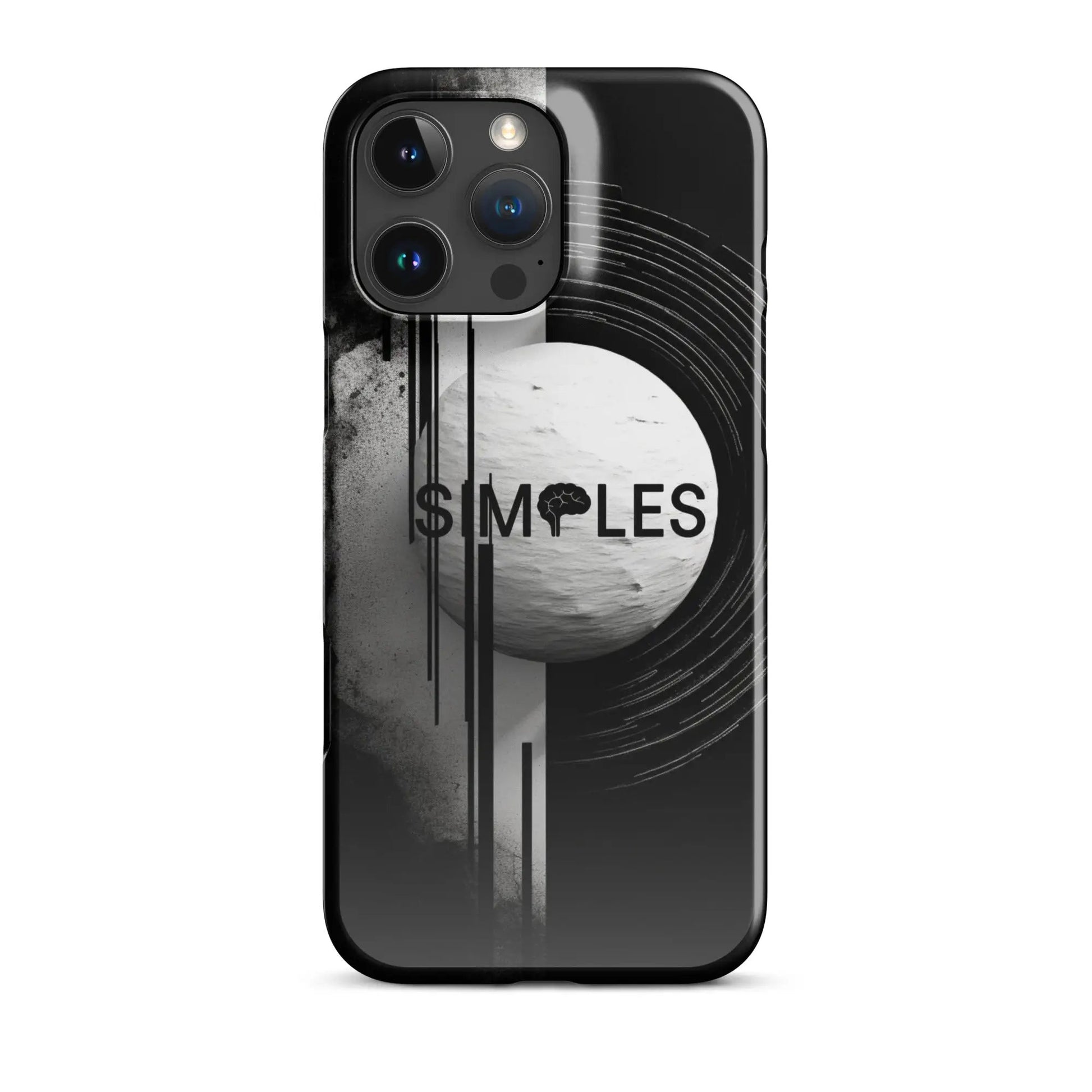 Snap case for iPhone by Simples Market, black abstract design with circular motifs.
