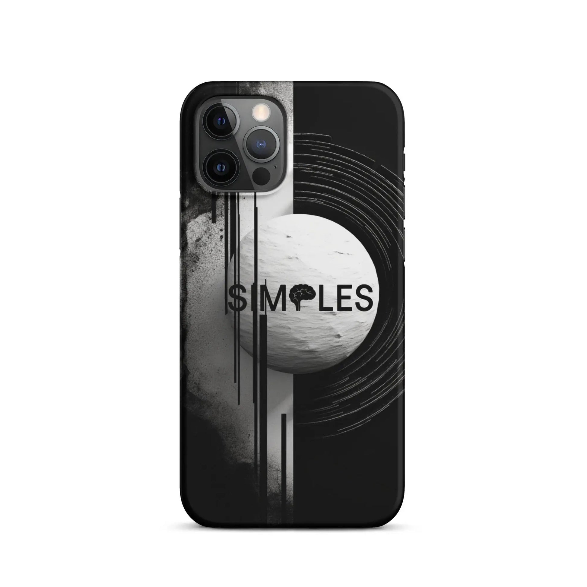 Snap case for iPhone by Simples Market, black with abstract white circle artwork.
