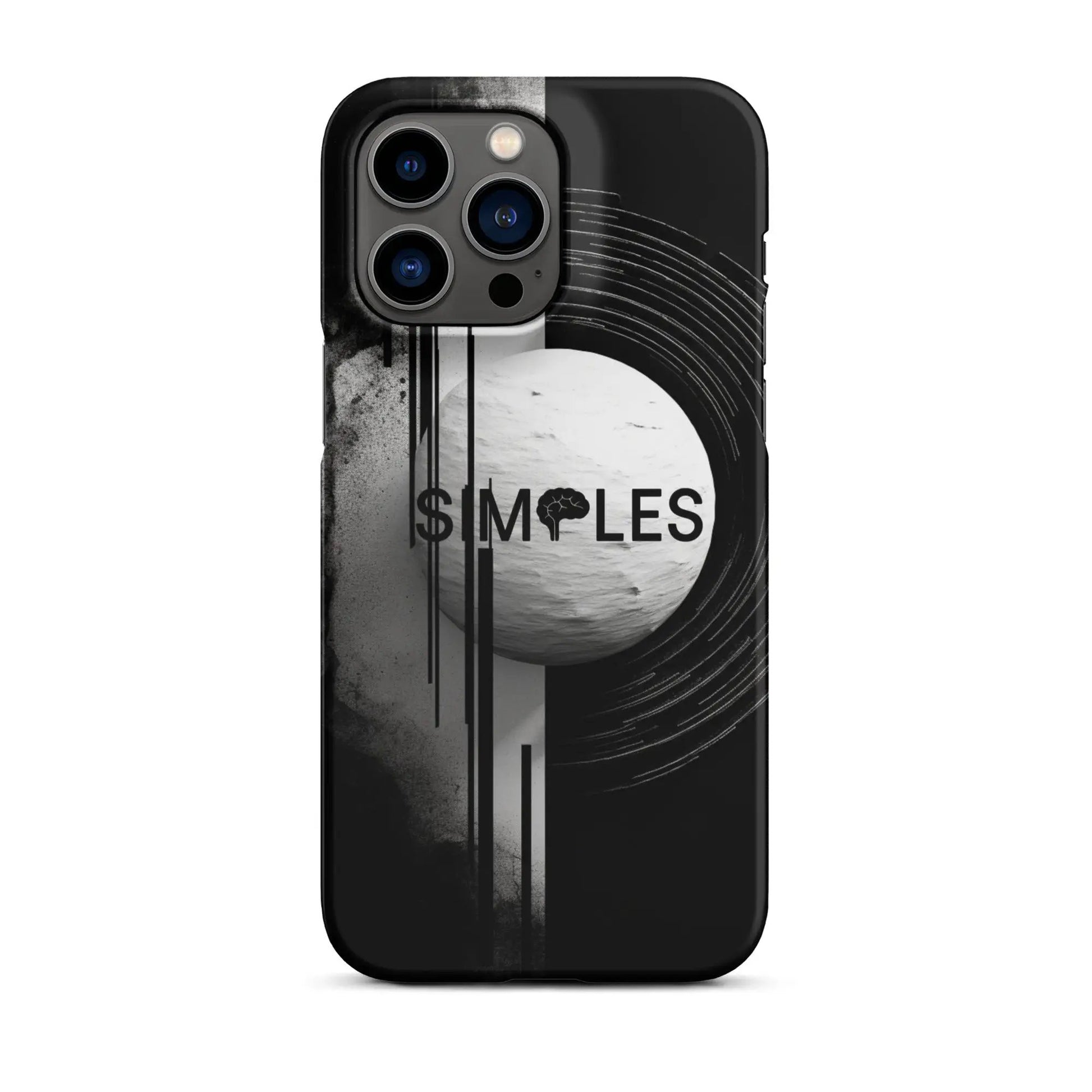 Snap case for iPhone by Simples Market; black with abstract white circle and brushstroke design.