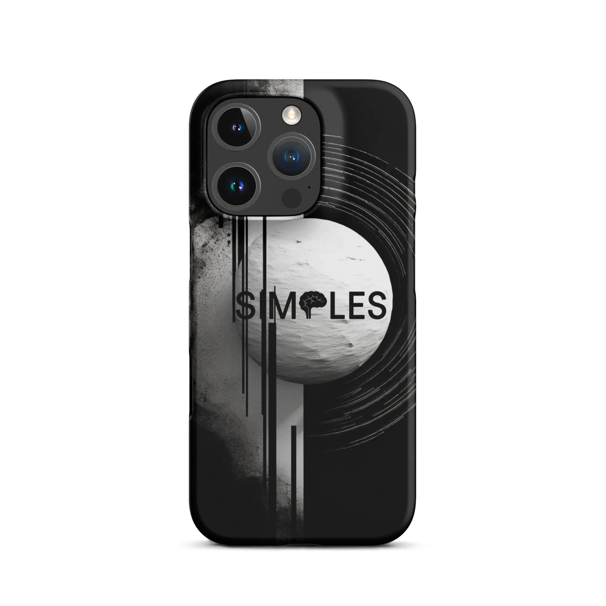Snap case for iPhone by Simples Market; black abstract graphic with circular camera cutouts.