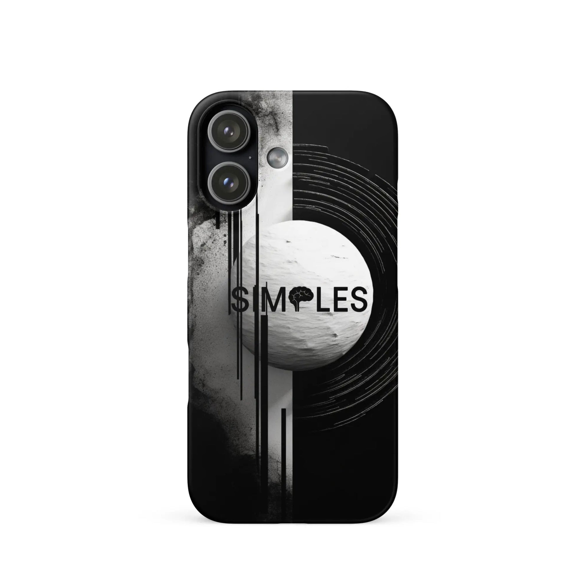 Snap case for iPhone by Simples Market; black case with abstract white stripe and camera cutout.