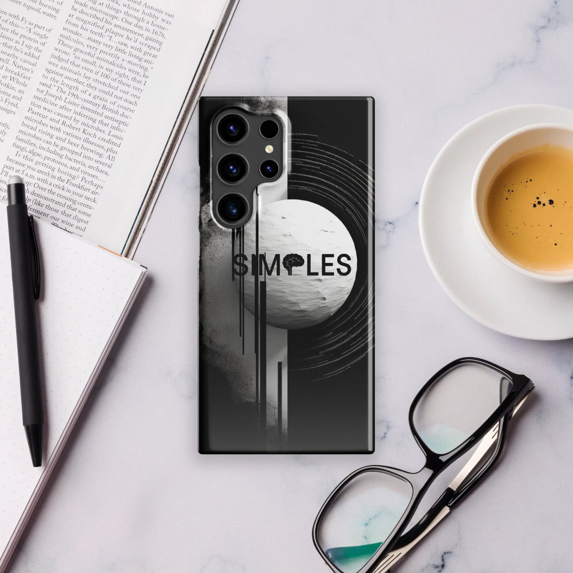 Snap case for Samsung; black phone case with circular graphic and Simples Market branding