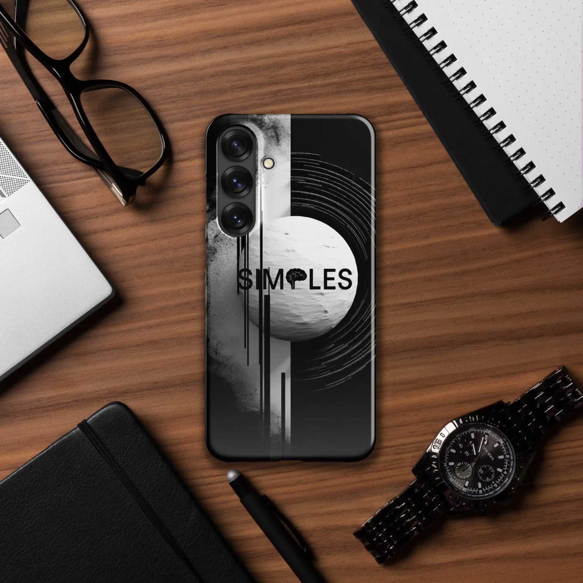 Snap case for Samsung phone; black case with grayscale circular artwork