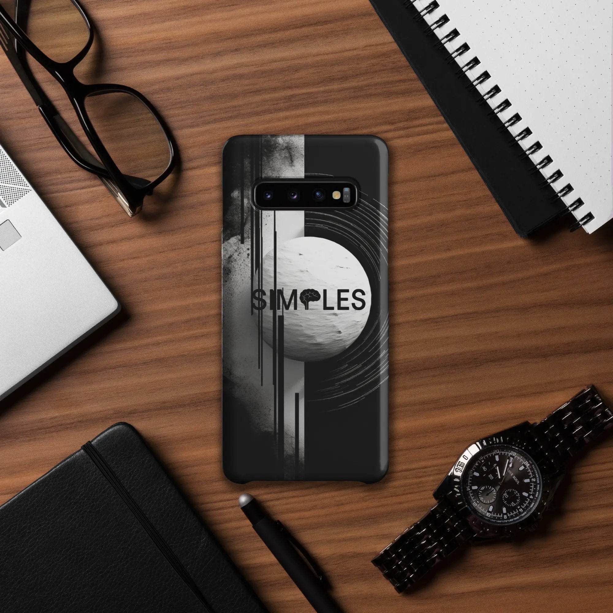 Snap case for Samsung smartphone by Simples Market; black case with white abstract graphic.