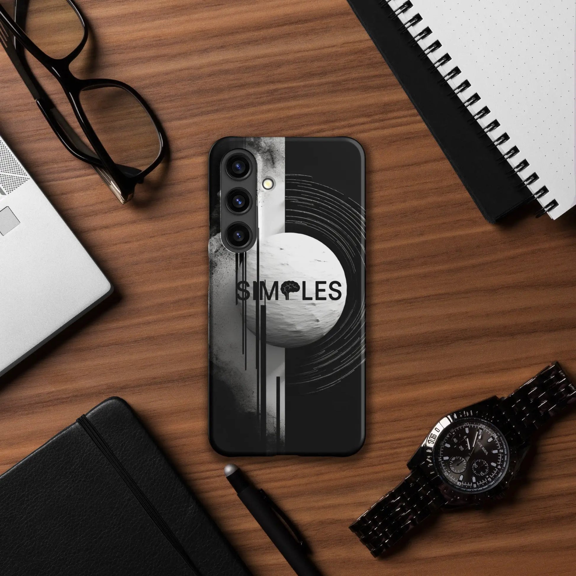 Snap case for Samsung phone with black and gray marble design featuring Simples logo