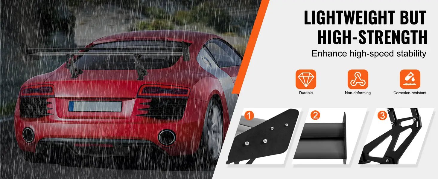 SucceBuy GT Wing Car Spoiler, 53.1-inch universal rear spoiler mounted on a red sports car in the rain