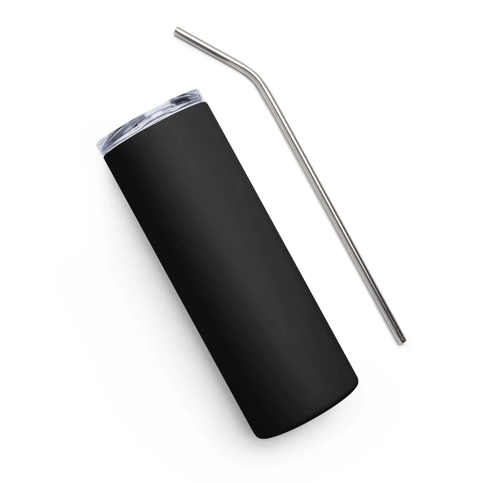 Stainless steel tumbler with black sleeve and metal straw, Simples Market.