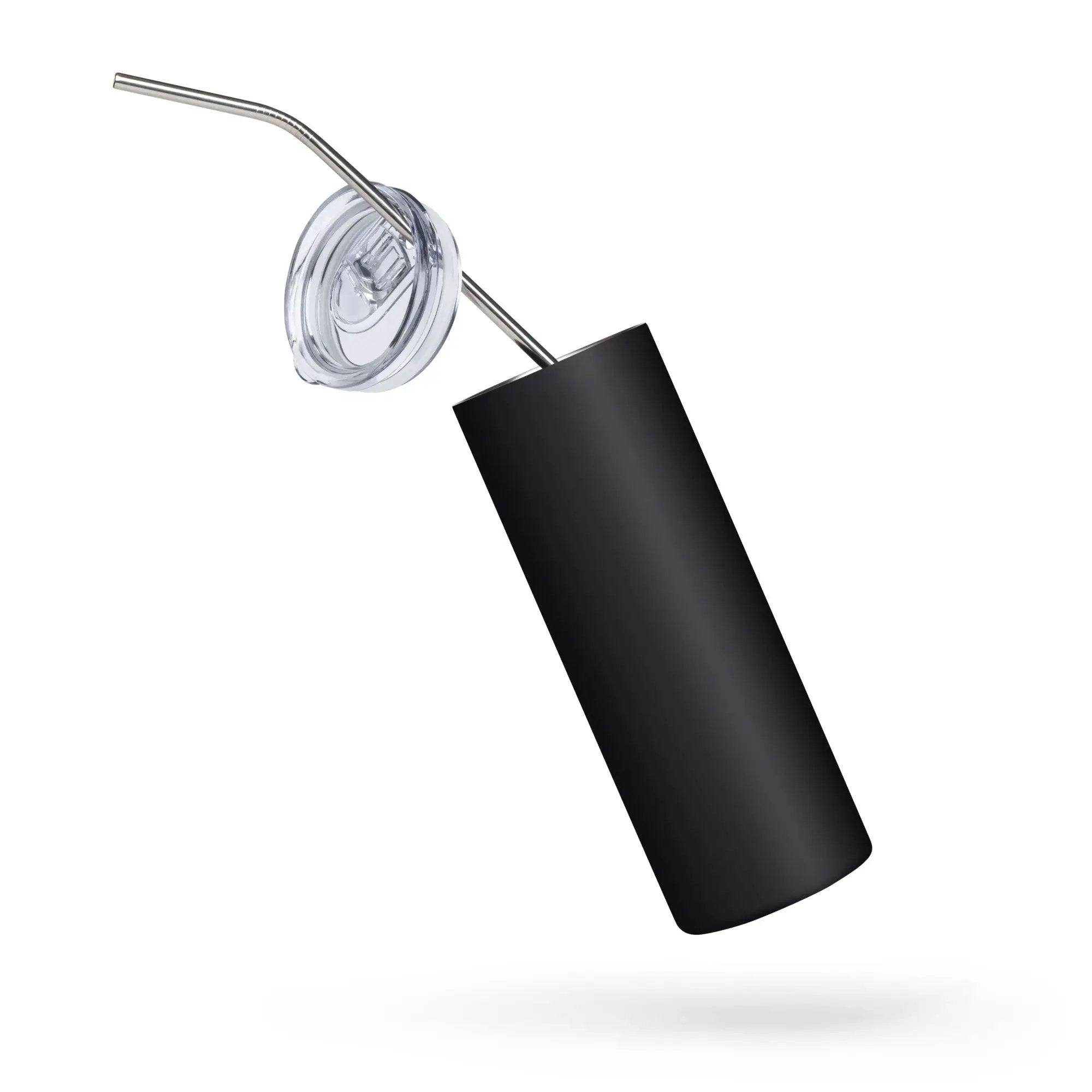 Stainless steel tumbler with black matte finish, clear lid, and metal straw.