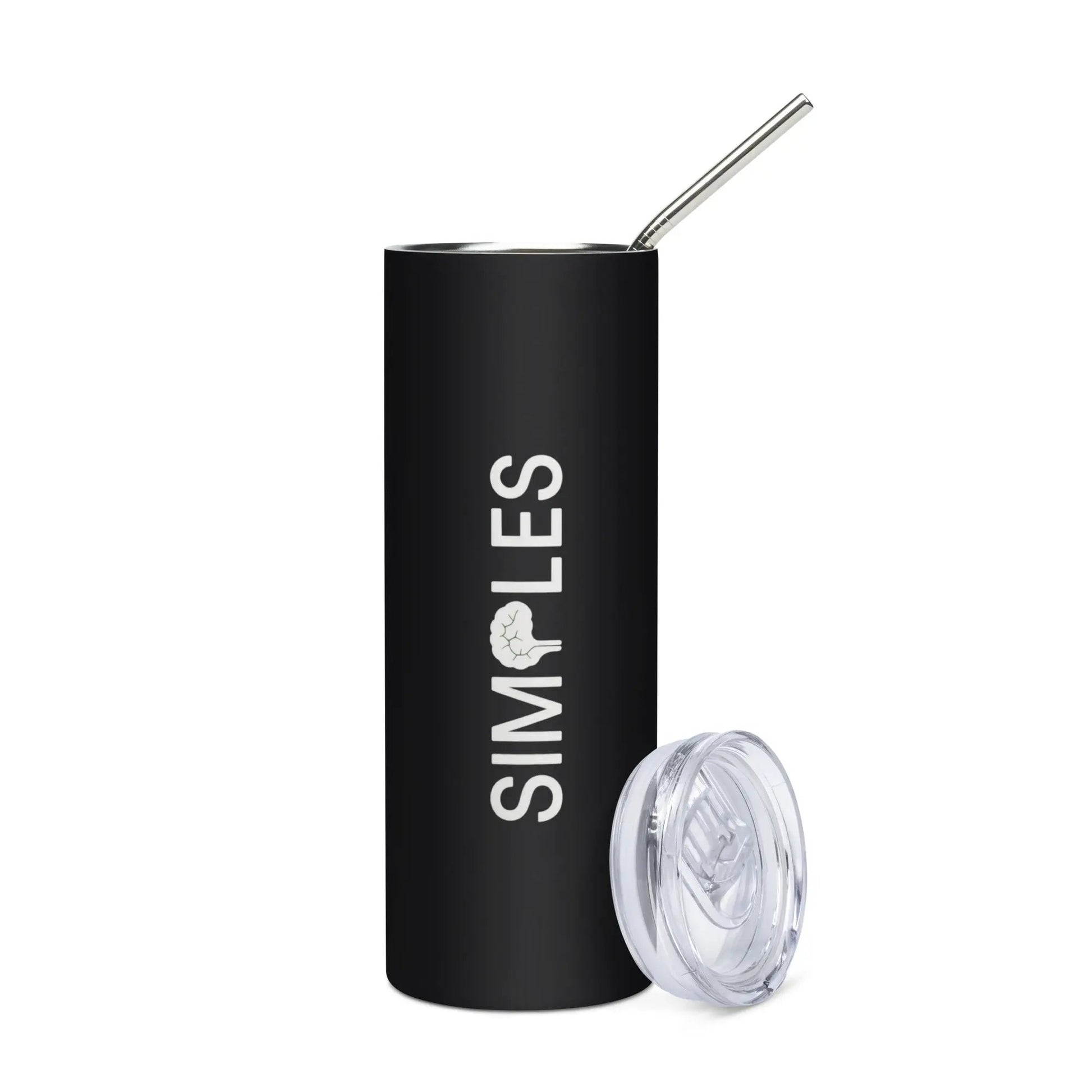 Stainless steel tumbler by Simples Market; black finish with metal straw and clear lid