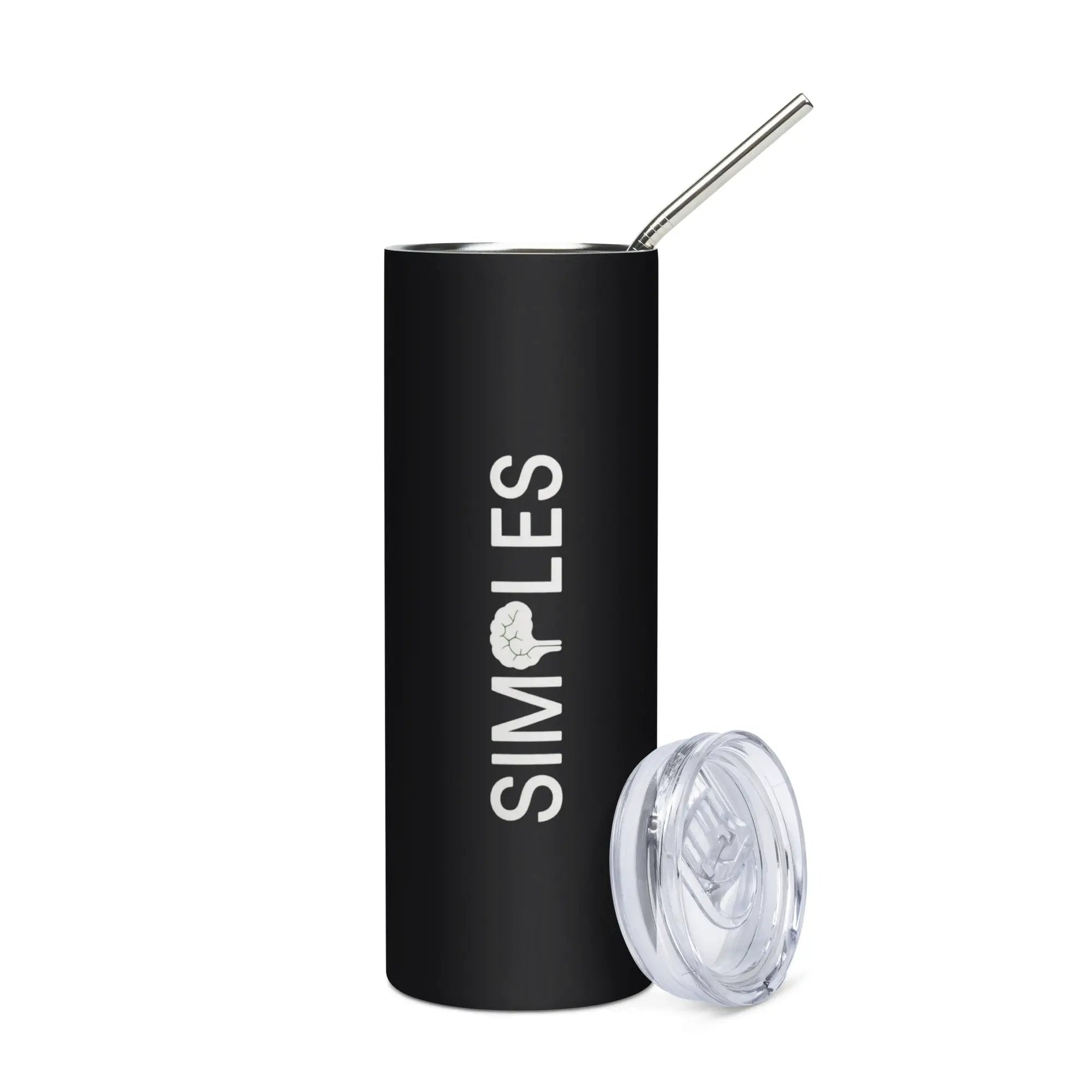 Stainless steel tumbler by Simples Market; black finish with metal straw and clear lid