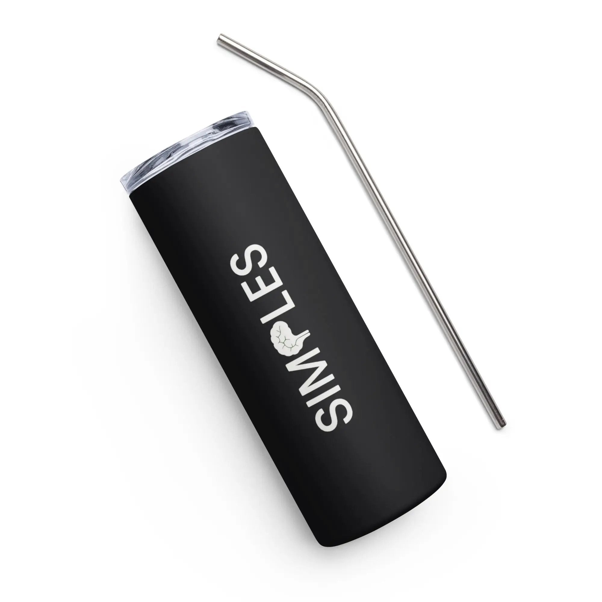 Stainless steel tumbler with black sleeve and curved metal straw by Simples Market