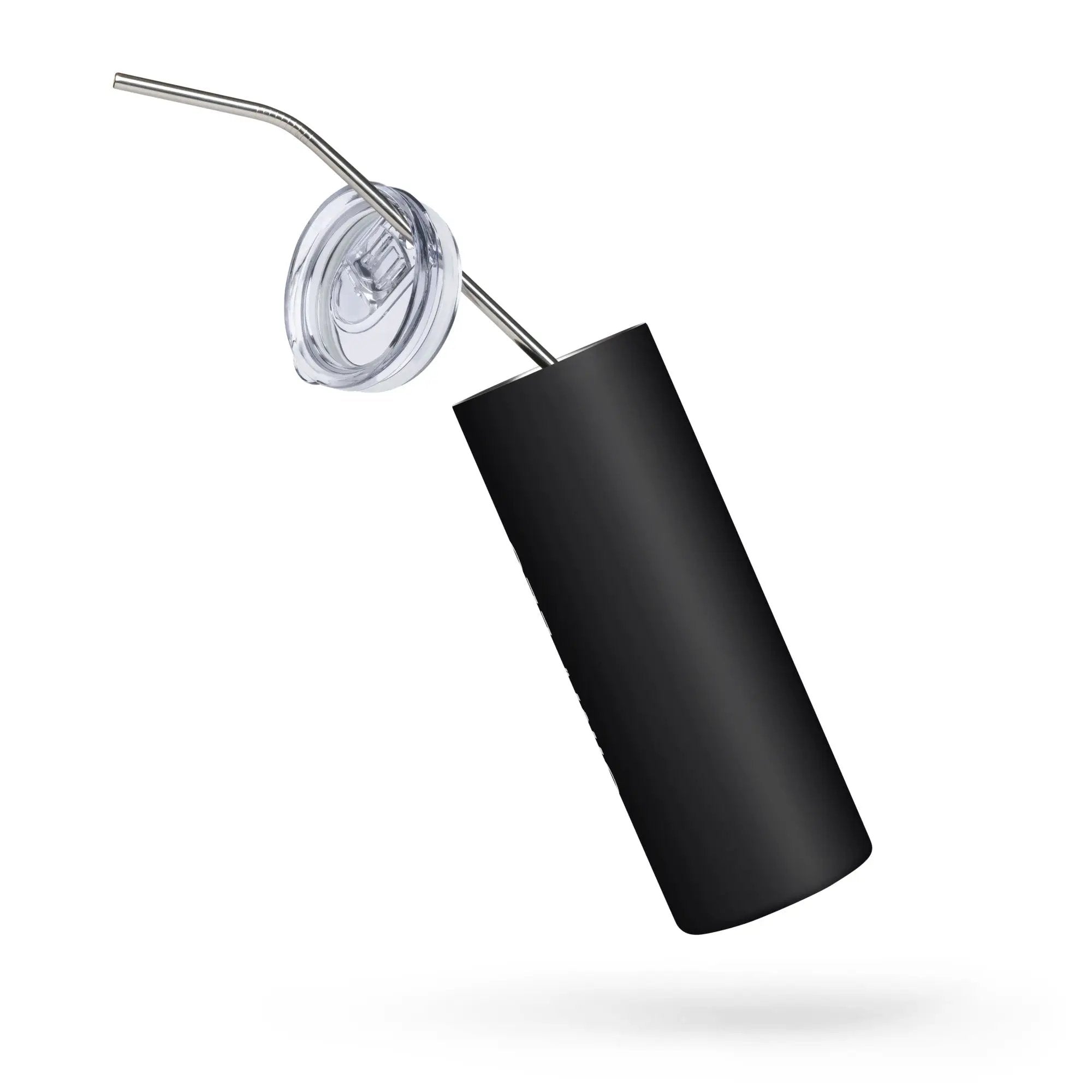 Stainless steel tumbler with clear lid and metal straw, black body