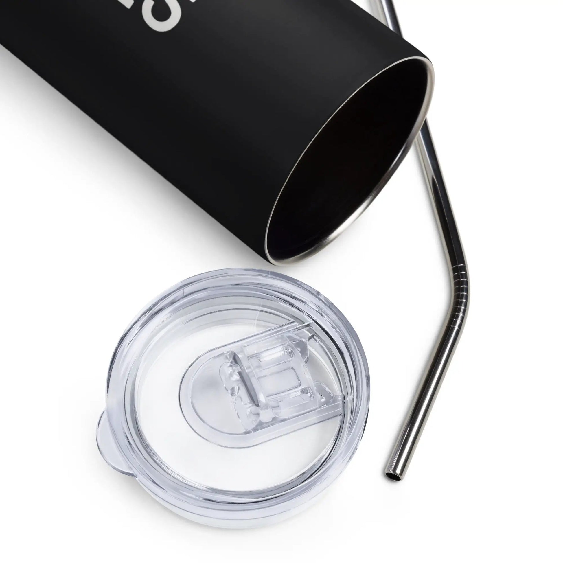Stainless steel tumbler with black exterior, clear lid, and metal straw (3-piece set)
