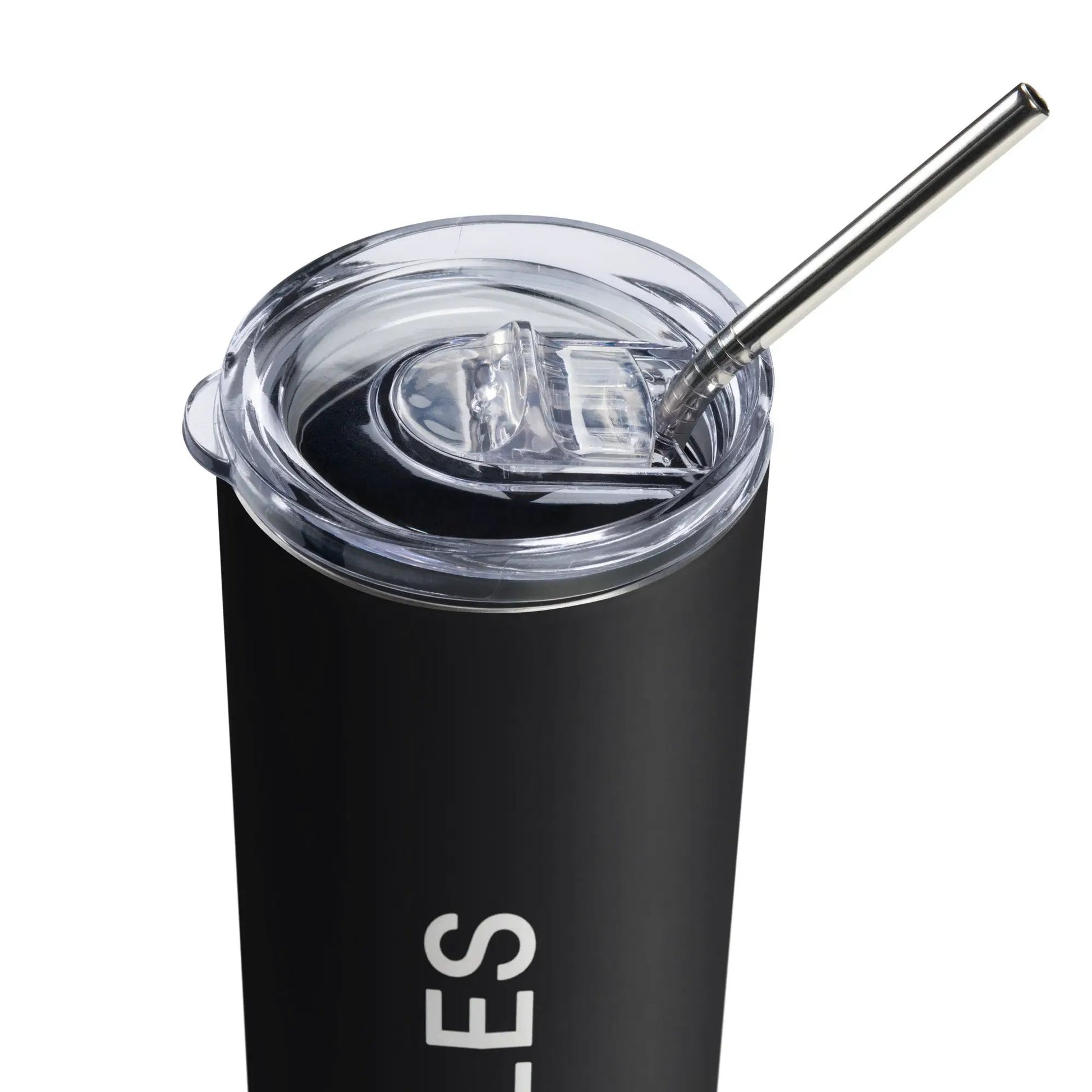 Stainless steel tumbler with black body, clear lid and metal straw; Simples Market