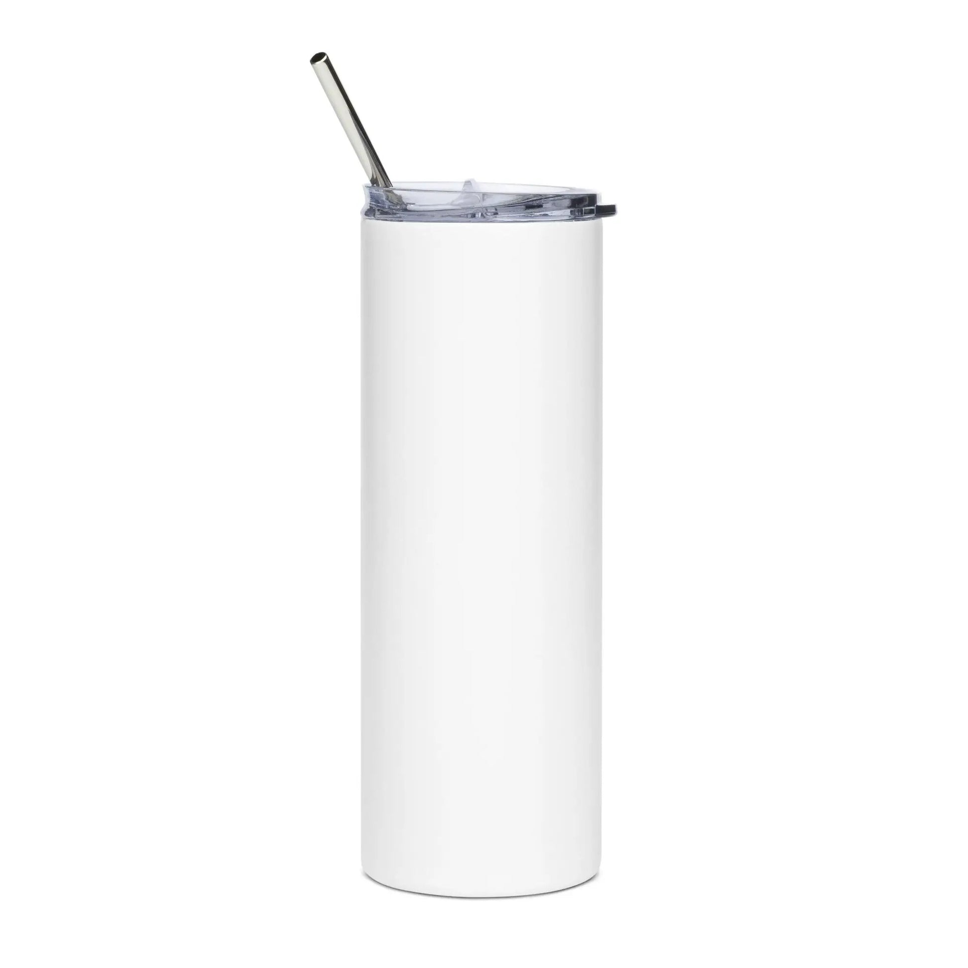 Stainless steel tumbler with white body, clear lid and metal straw.