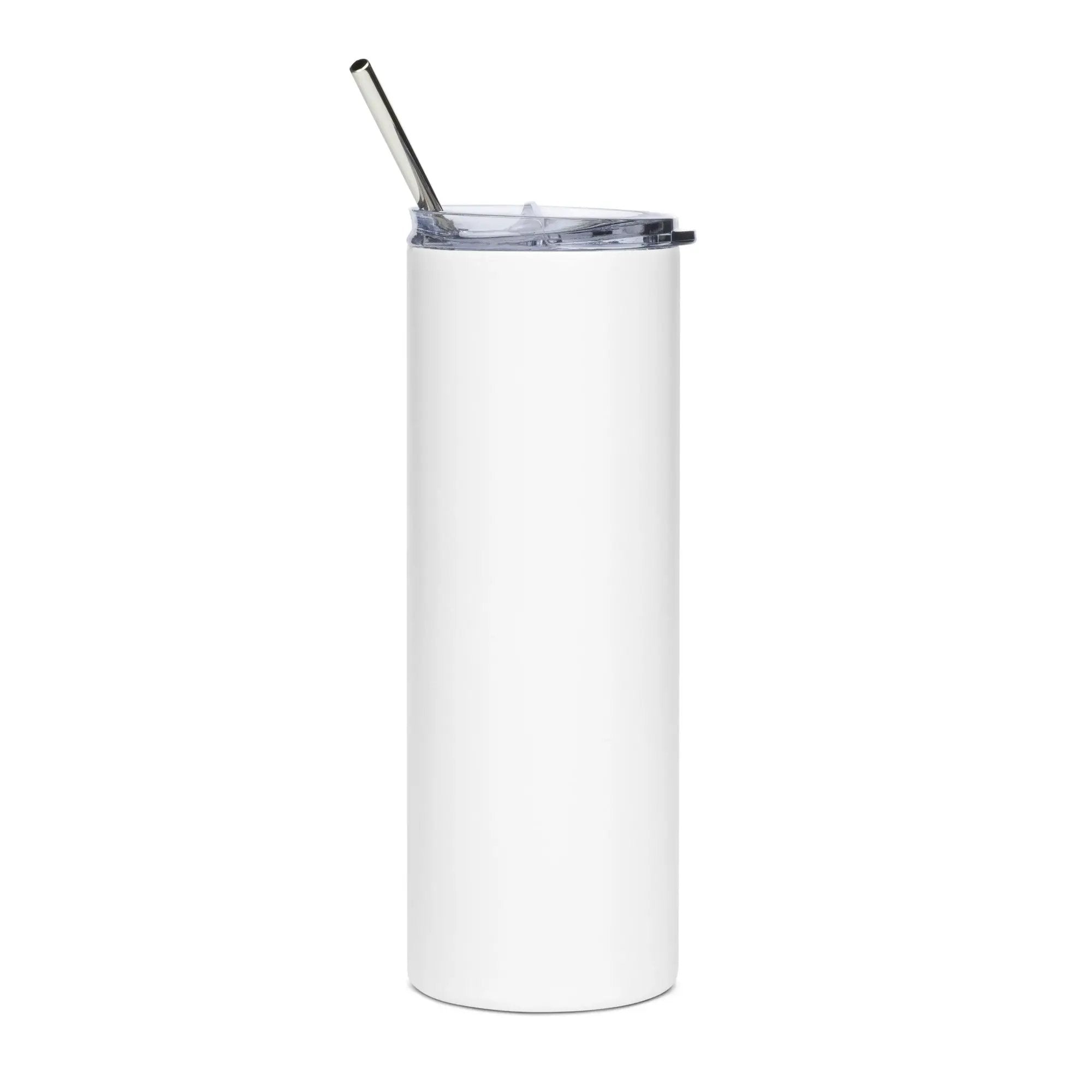 Stainless steel tumbler with white body, clear lid and metal straw.