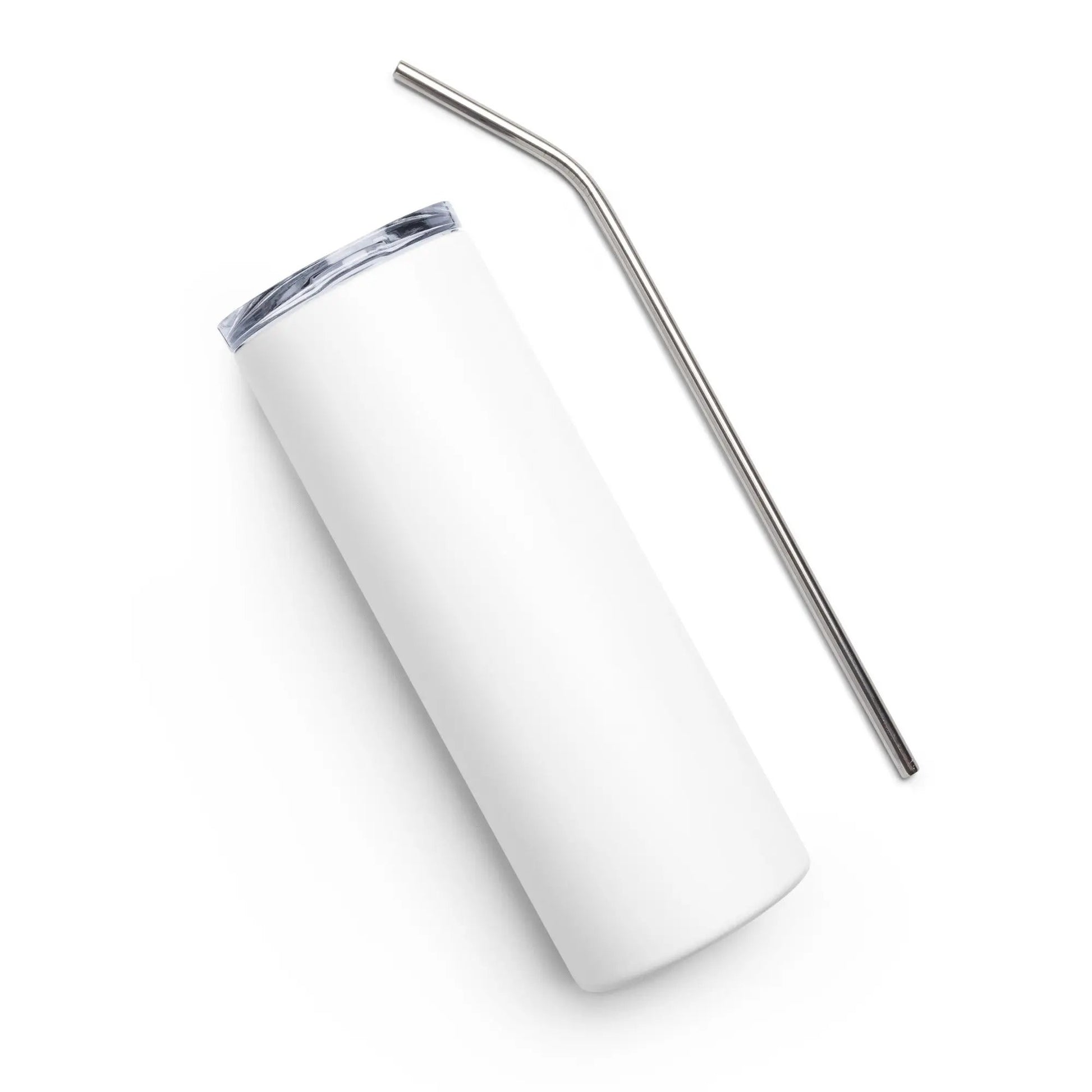 Stainless steel tumbler by Simples Market with white exterior and metal straw
