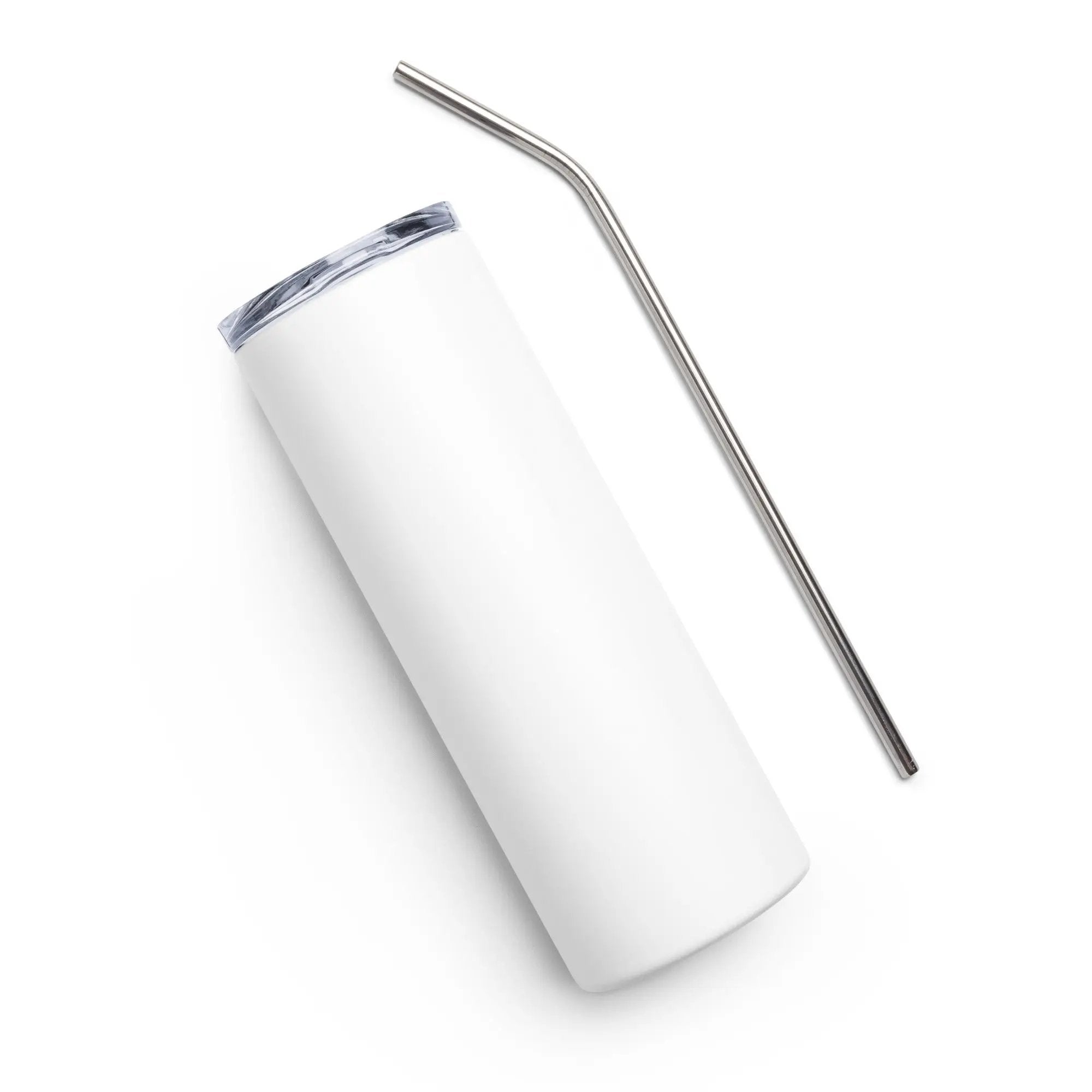 Stainless steel tumbler by Simples Market with white exterior and metal straw