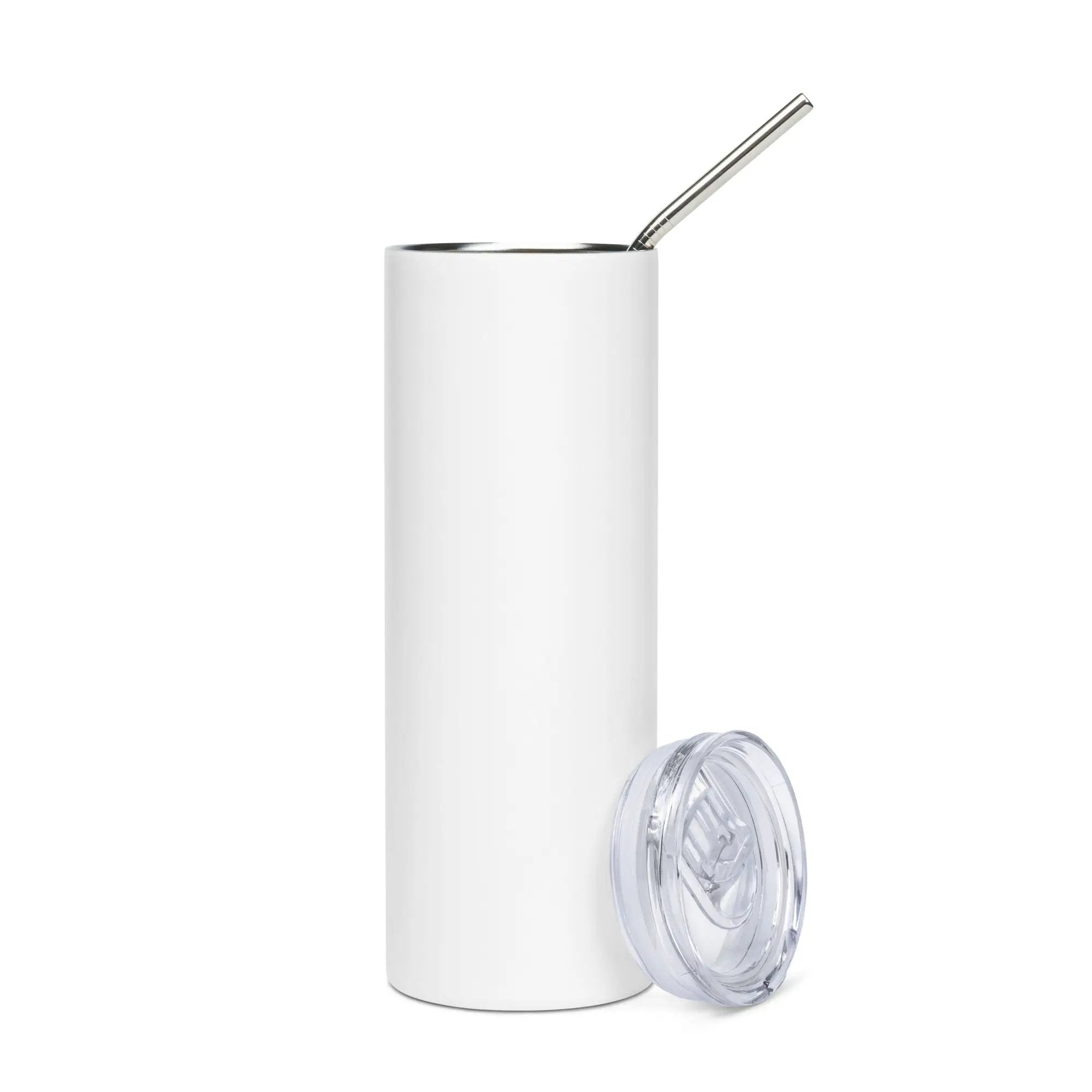 Stainless steel tumbler with white exterior and metal straw, Simples Market
