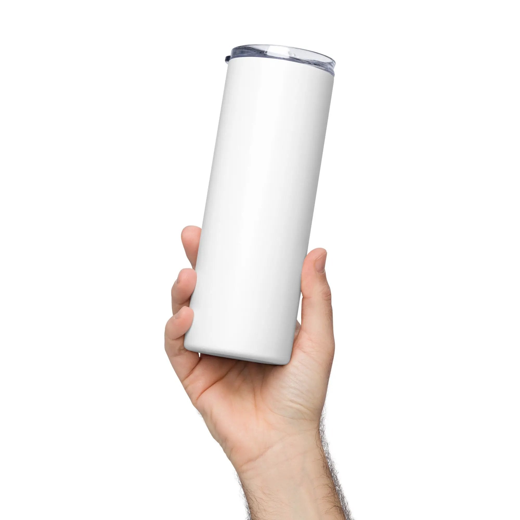 White stainless steel tumbler with clear lid, held in hand.