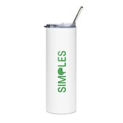 Stainless steel tumbler with white finish, clear lid and metal straw by Simples Market.