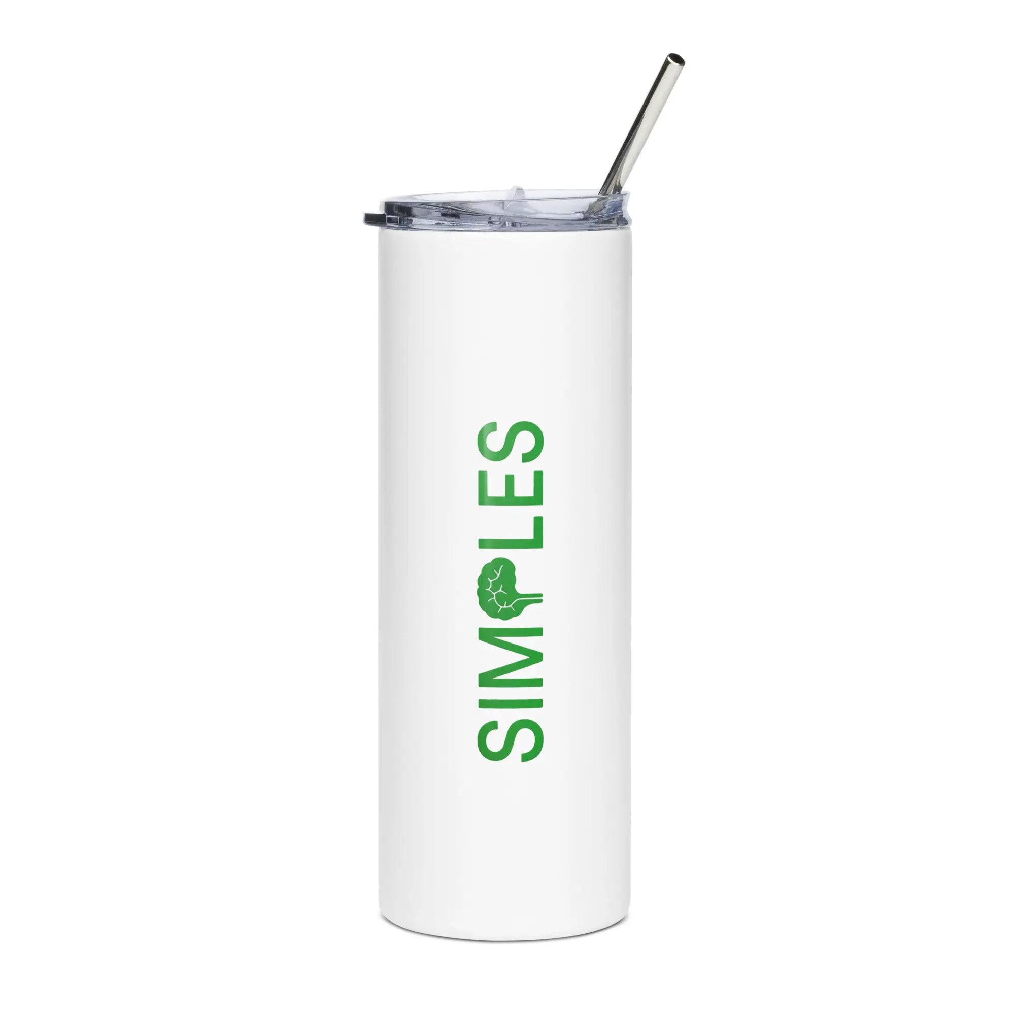 Stainless steel tumbler with white finish, clear lid and metal straw by Simples Market.