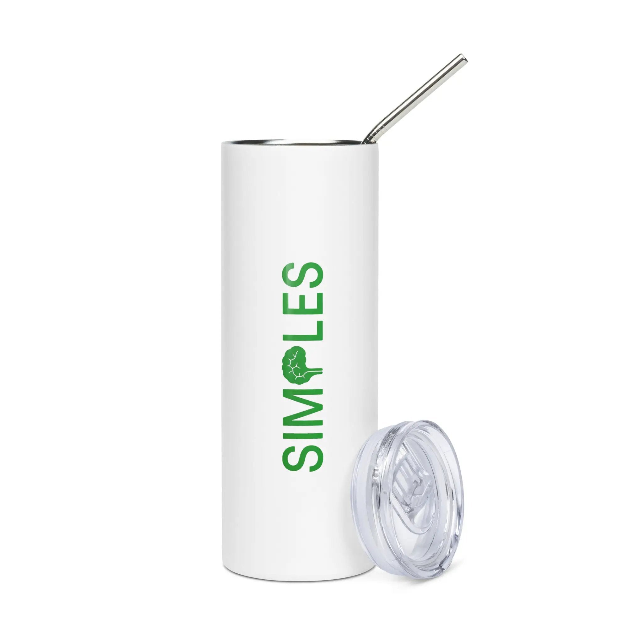 Stainless steel tumbler by Simples Market, white body with metal rim, clear lid, and stainless straw