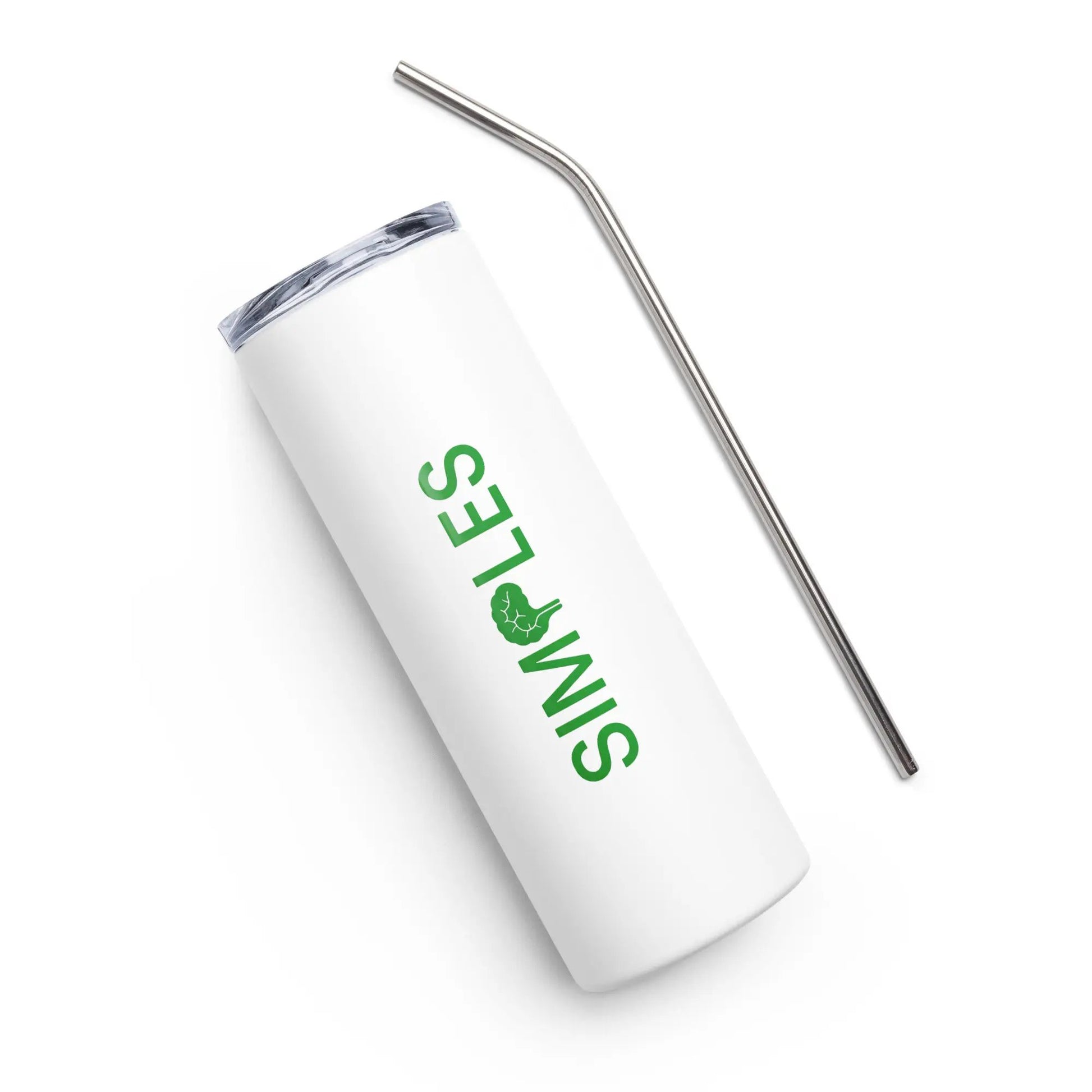 Stainless steel tumbler with white body displaying the Simples Market logo in green, paired with a curved metal straw.