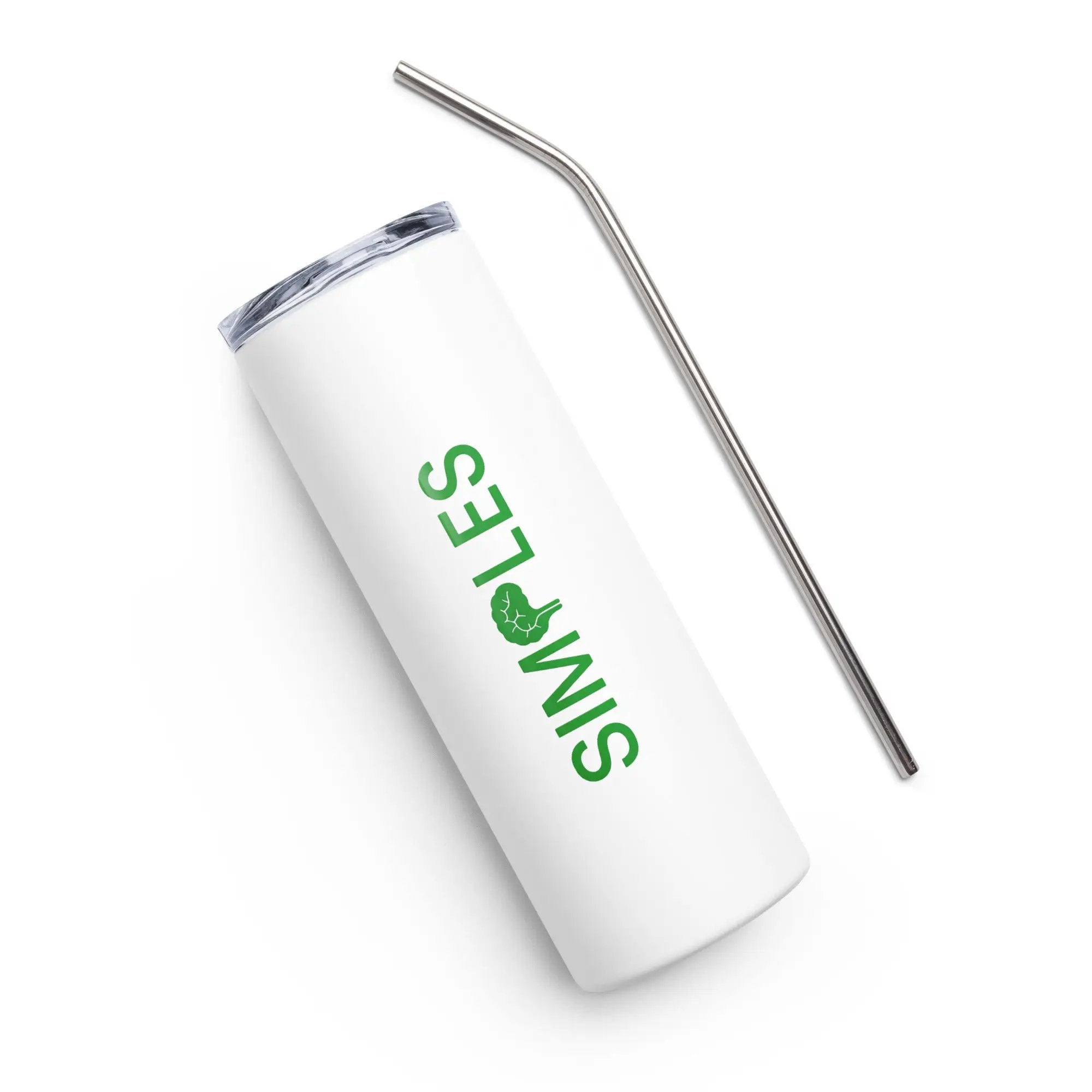 Stainless steel tumbler with white body displaying the Simples Market logo in green, paired with a curved metal straw.
