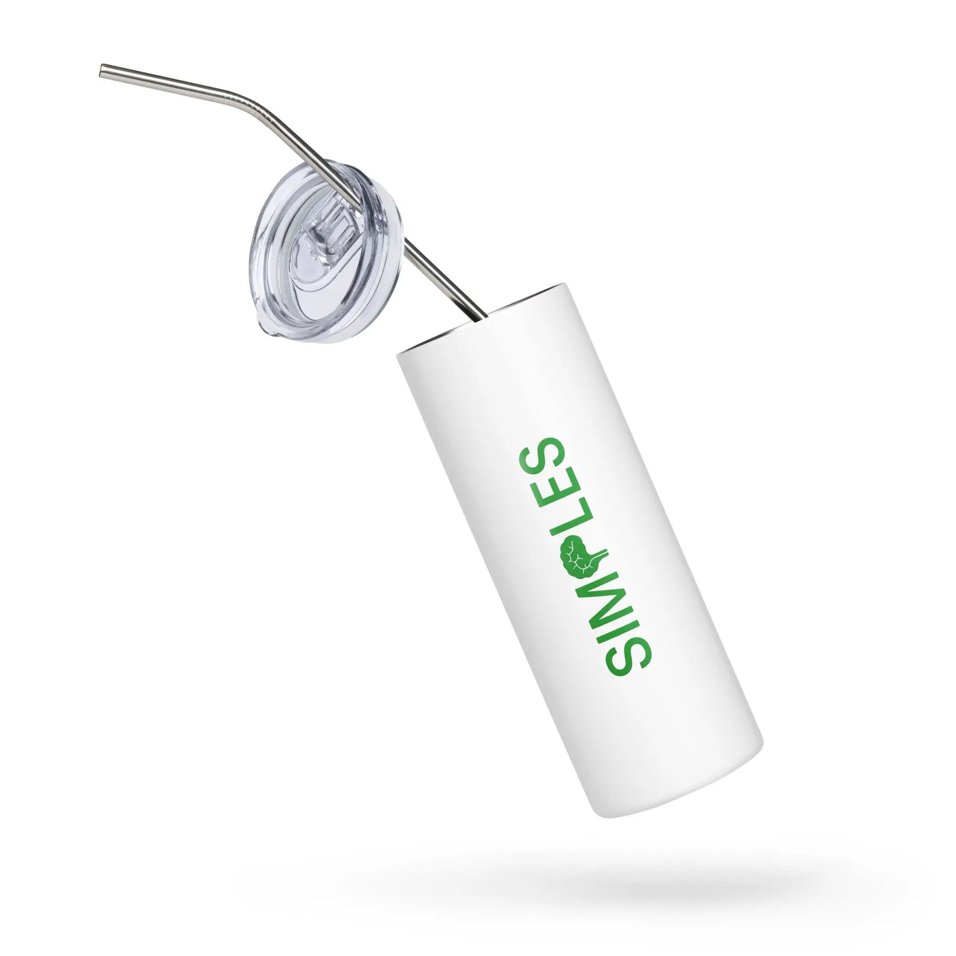 Stainless steel tumbler with white body, green Simples Market branding, and a metal straw