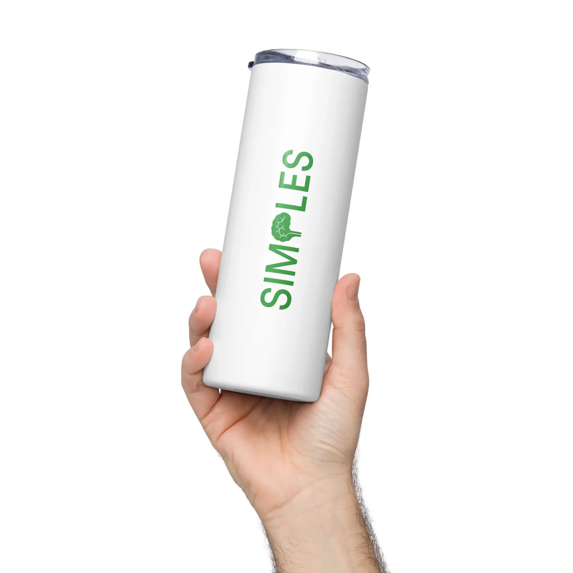 Stainless steel tumbler by Simples Market; white body with green logo and clear lid