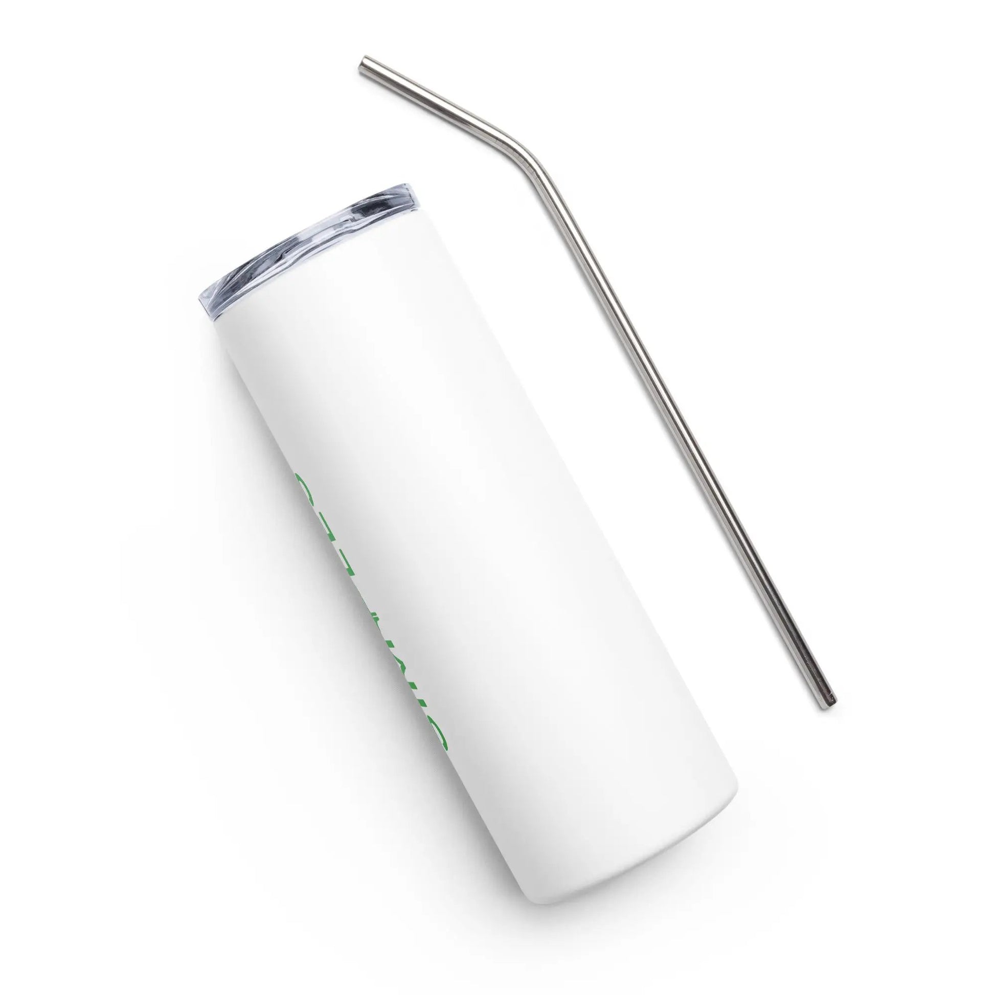 Stainless steel tumbler by Simples Market with white exterior and metal straw