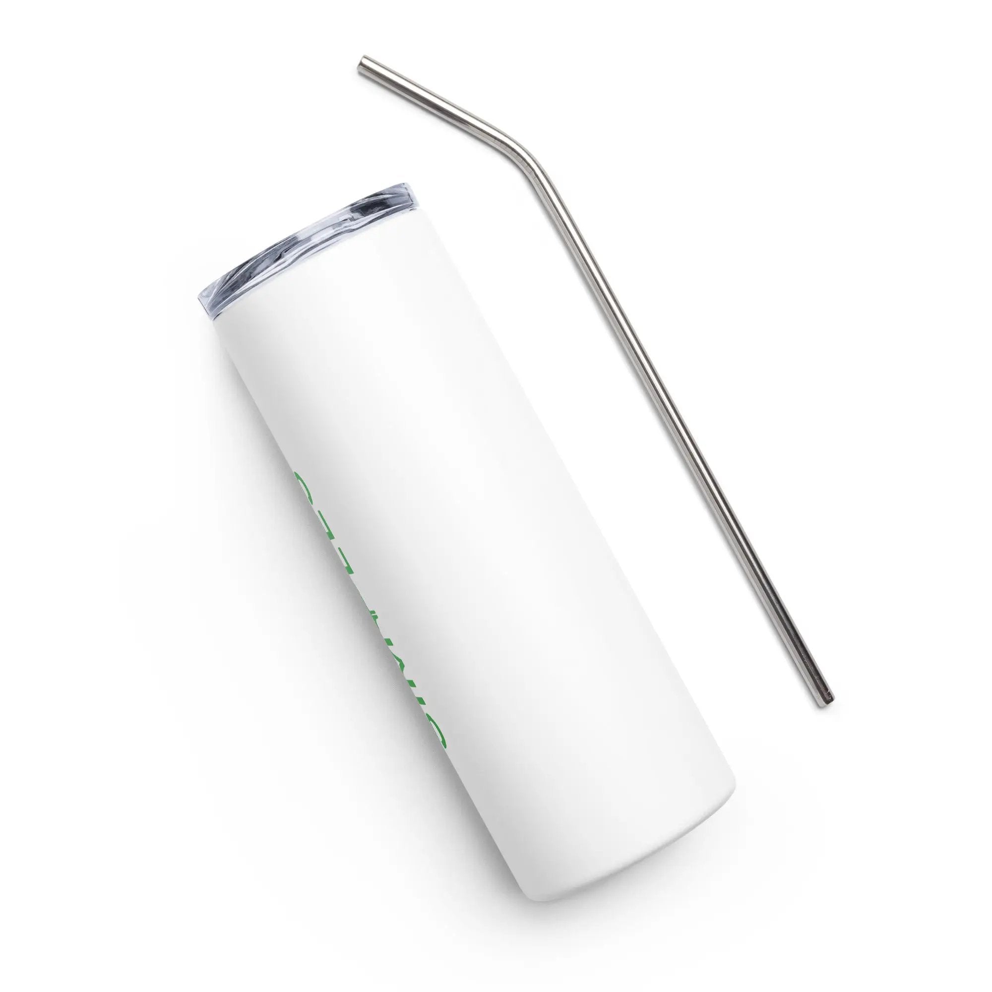 Stainless steel tumbler by Simples Market with white exterior and metal straw