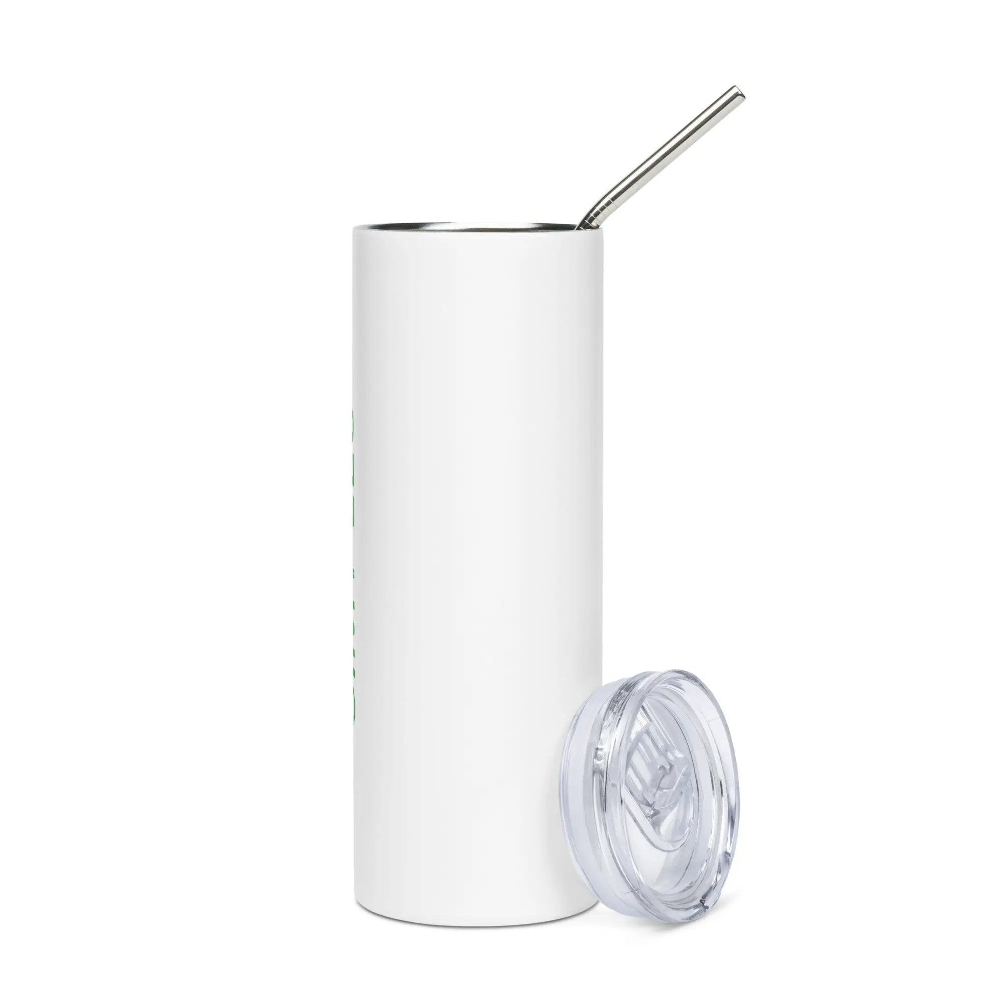 Stainless steel tumbler with white exterior, metal straw, and clear lid