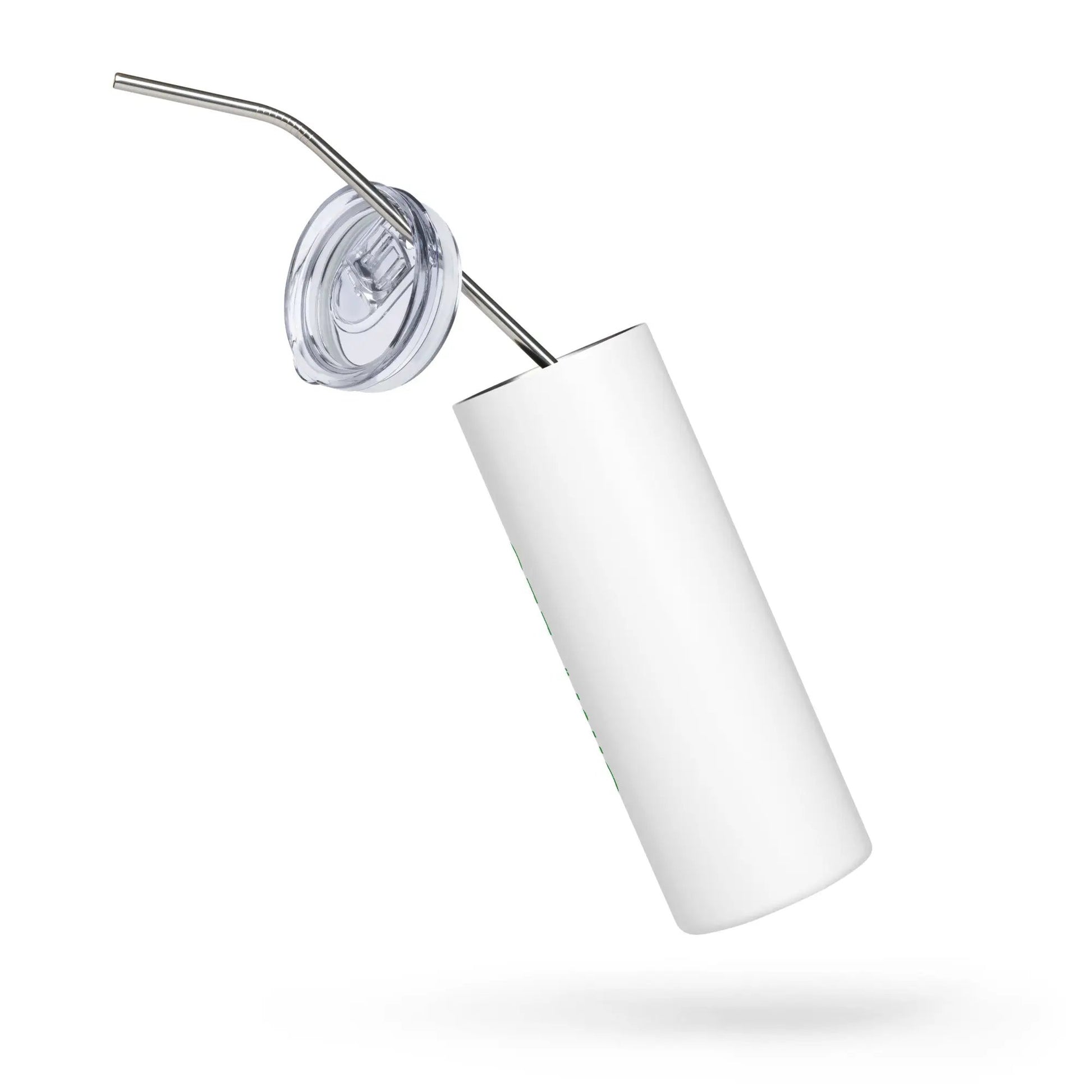 Stainless steel tumbler with clear lid and metal straw