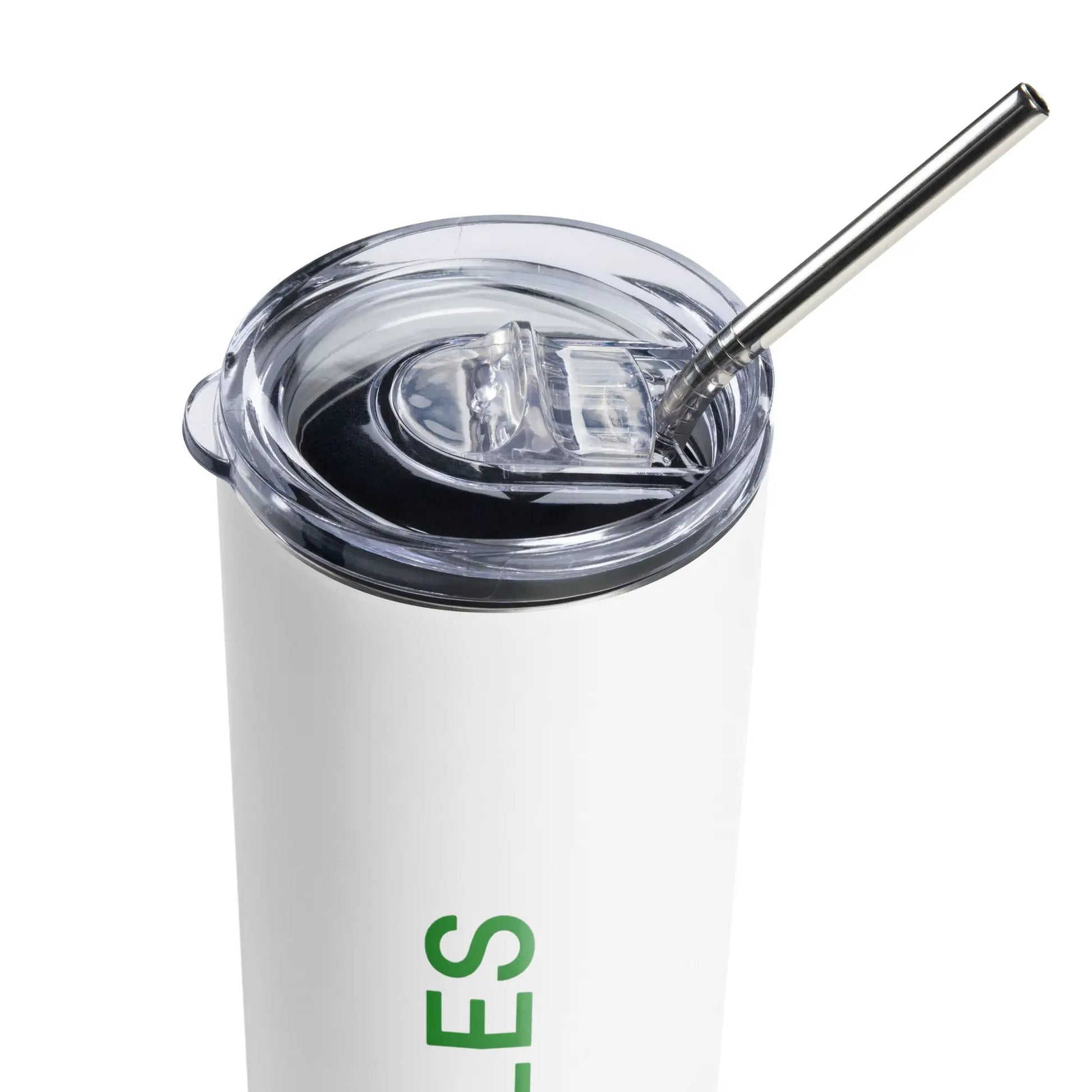 Stainless steel tumbler with clear lid and metal straw; white body with green text