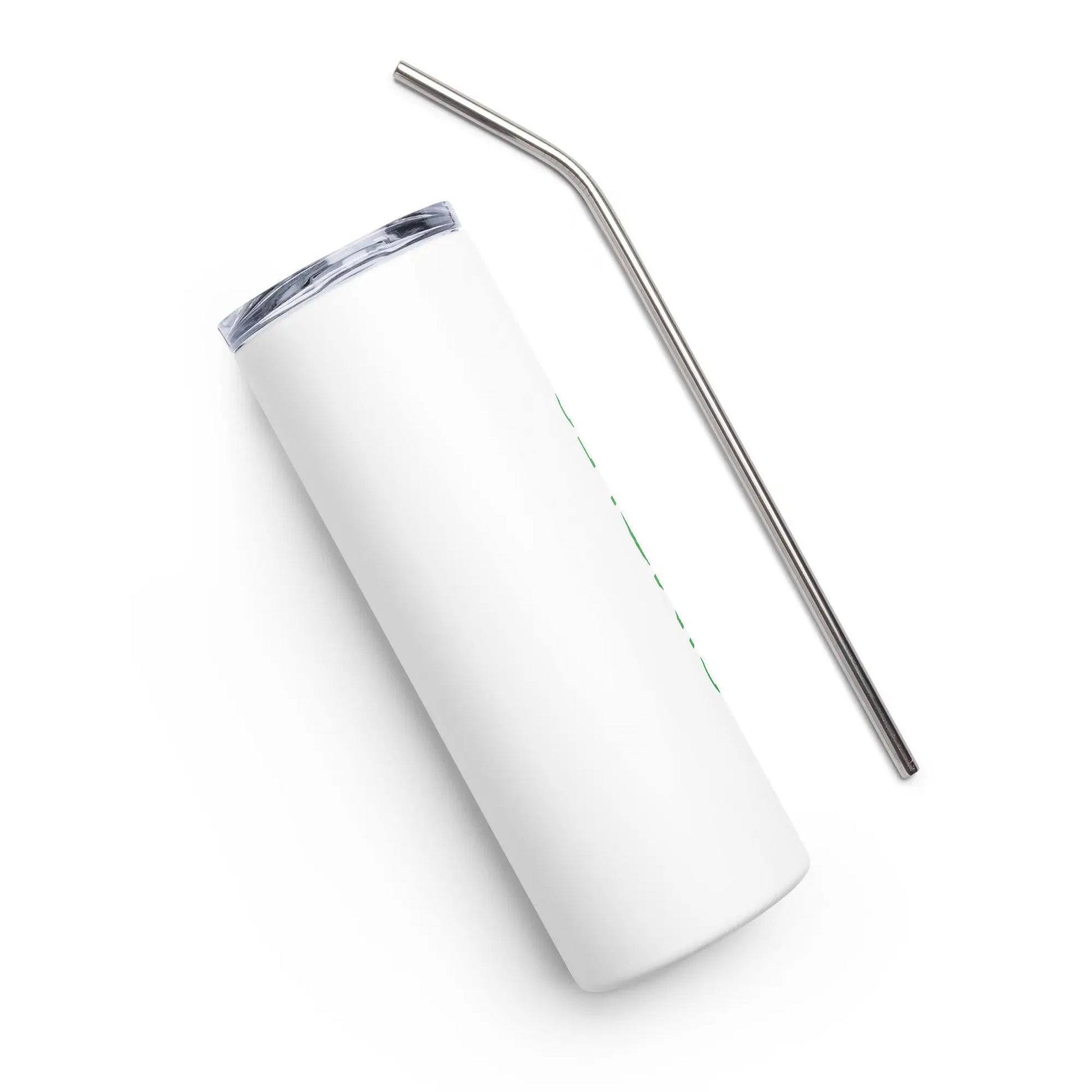 Stainless steel tumbler with white finish and curved metal straw.