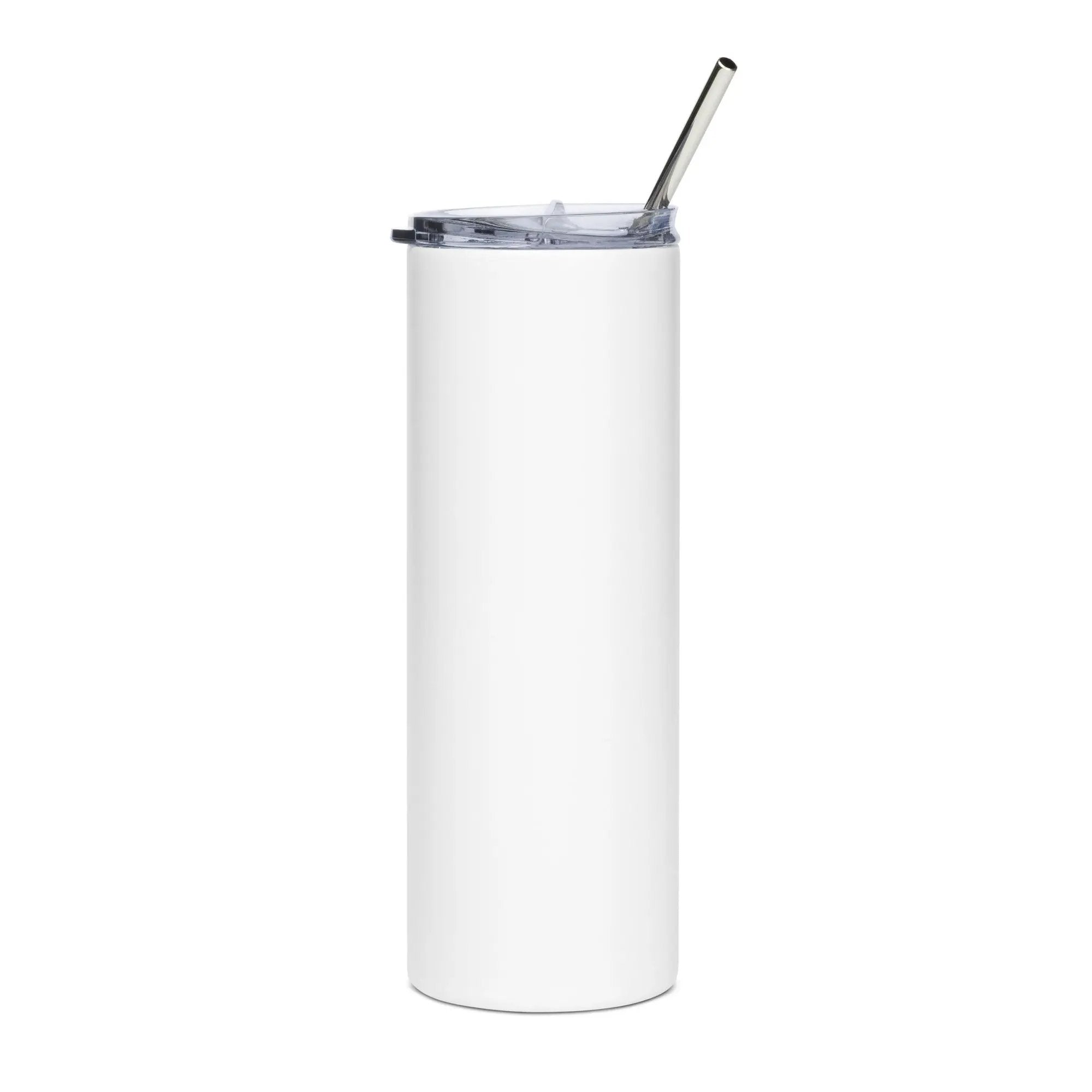 Stainless steel tumbler with white finish, clear lid, and metal straw
