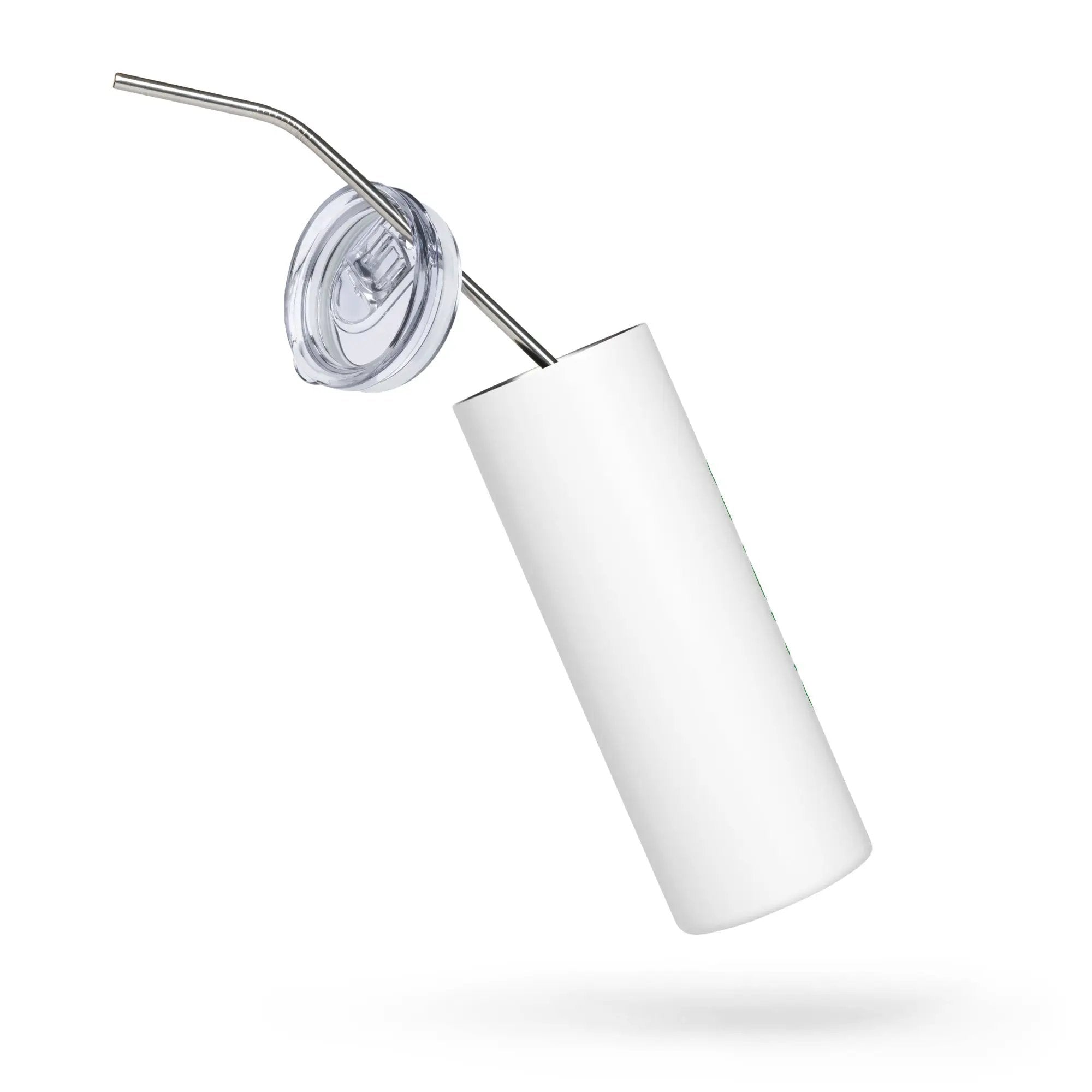 Stainless steel tumbler with clear lid and metal straw