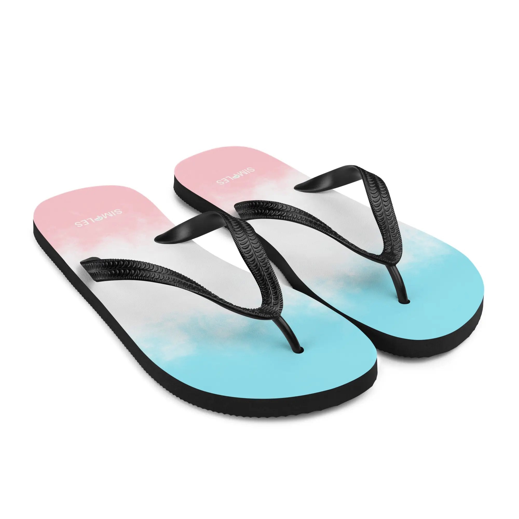 Flip-flops by Simples Market, gradient pink-to-blue soles with black straps (two sandals)