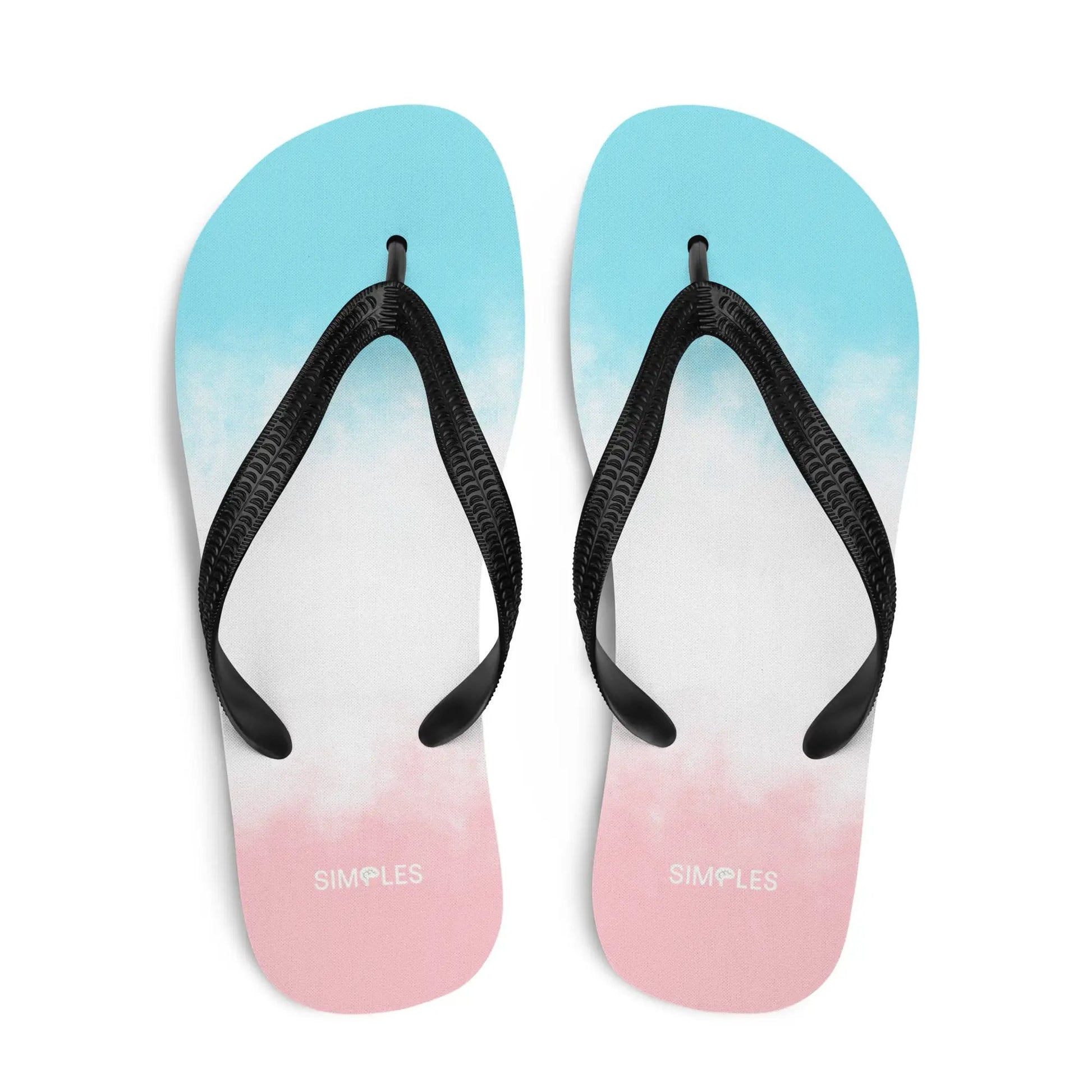 Flip-flops by Simples Market; two sandals with aqua-blue and pink-gradient footbeds and black straps, branding visible.
