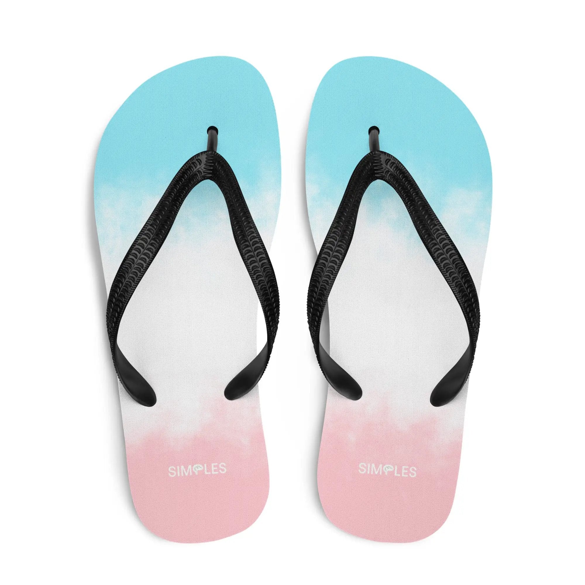 Flip-flops by Simples Market; two sandals with aqua-blue and pink-gradient footbeds and black straps, branding visible.