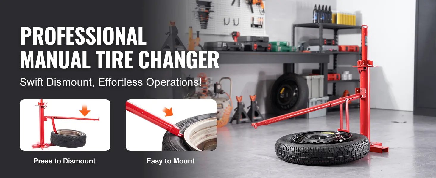 Portable manual tire changer with bead breaker in red for car, truck and motorcycle garage use