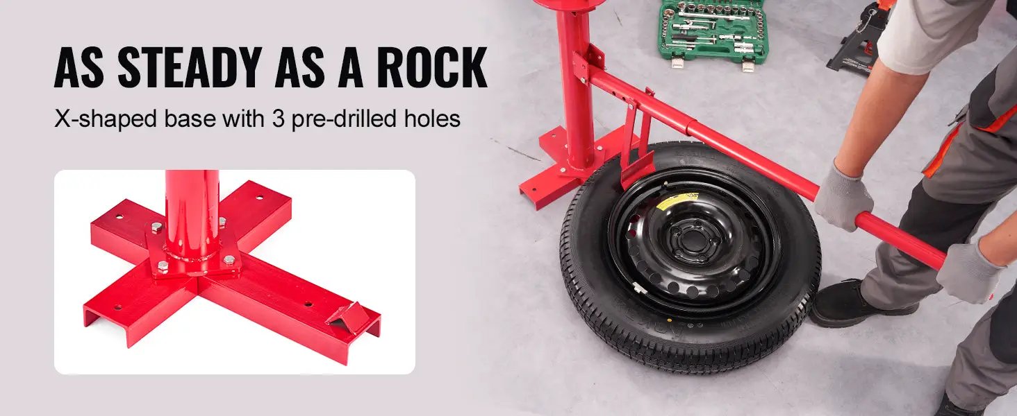 Tire changer bead breaker tool, portable red manual unit with cross-shaped base for car, truck, and motorcycle tires.